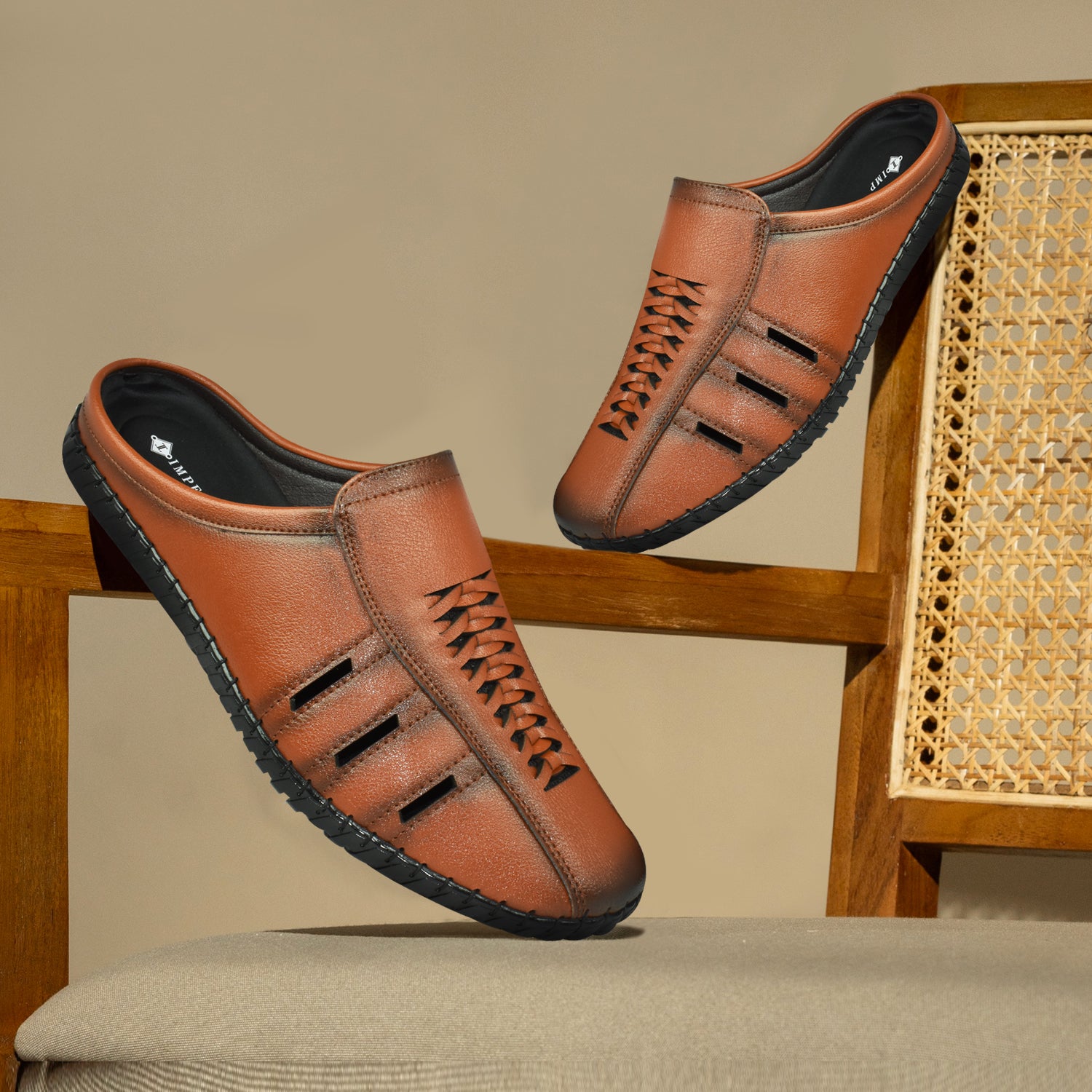 IMPERIO Men’s Tan Lightweight & Easy to Wear Cushioned Footbed Laser Cut Open Back Mules EG3038