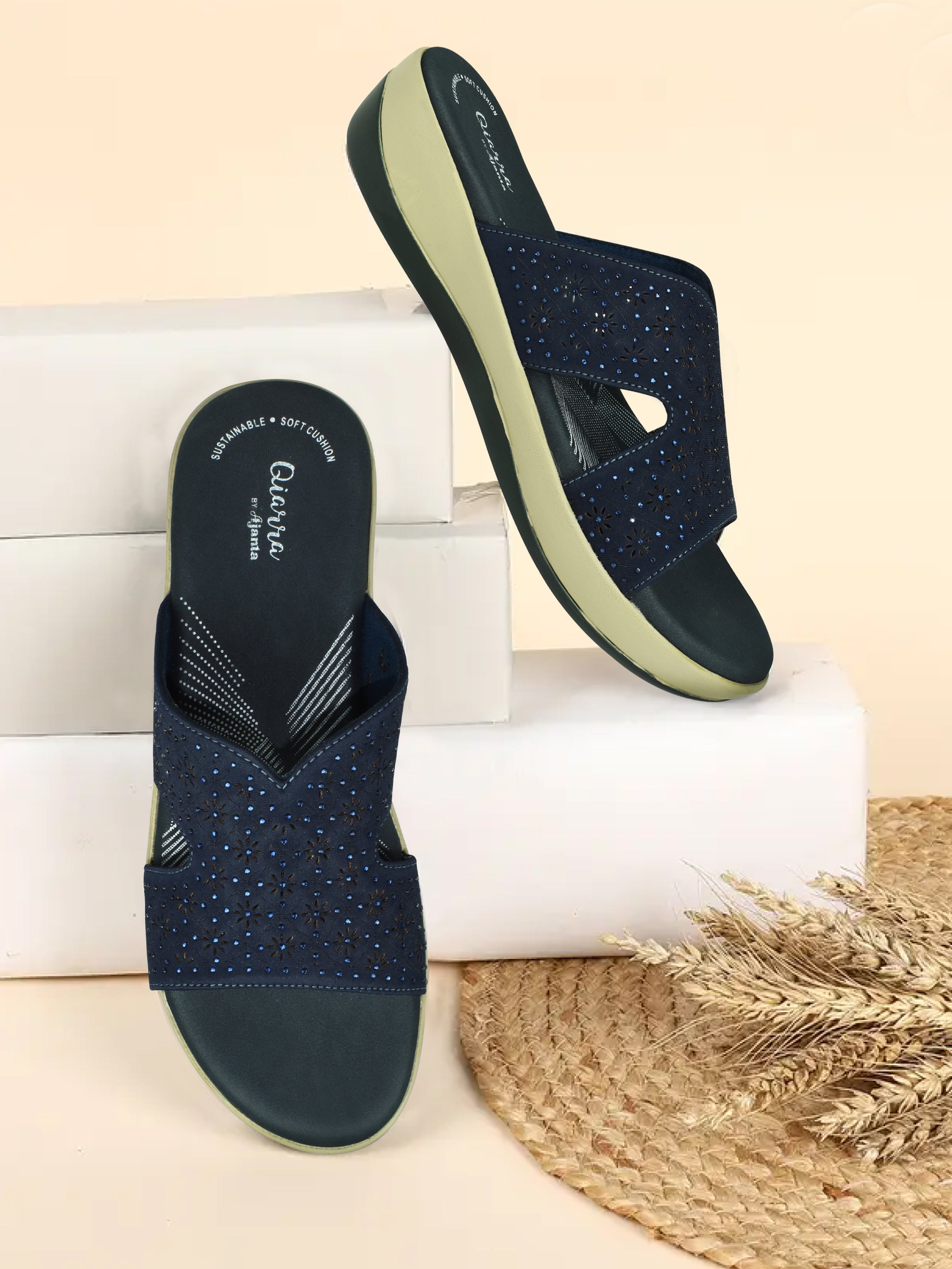 QIARRA Women's Navy Embellished & Laser Cut Rexine Upper, Cushioned Insole, AirMax Sole Open Toe Sandal ML0899