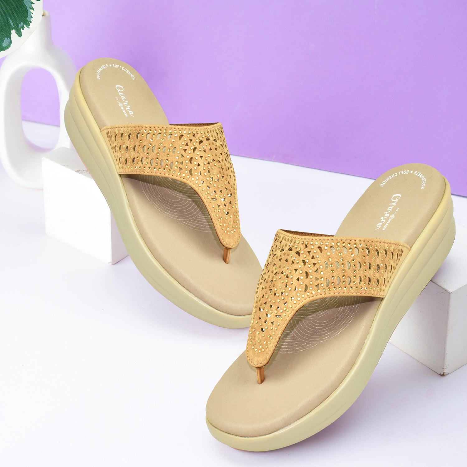 Qiarra Beige T-Strap Wedge Sandal