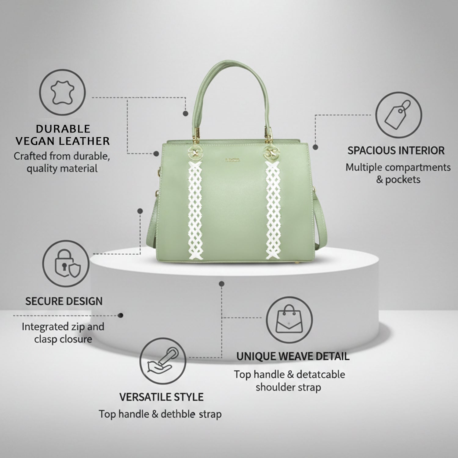 QIARRA by Ajanta Green Synthetic Handbag for Women | 2 Compartments | Detachable Sling Strap | Stylish Daily Use Bag-VB8016