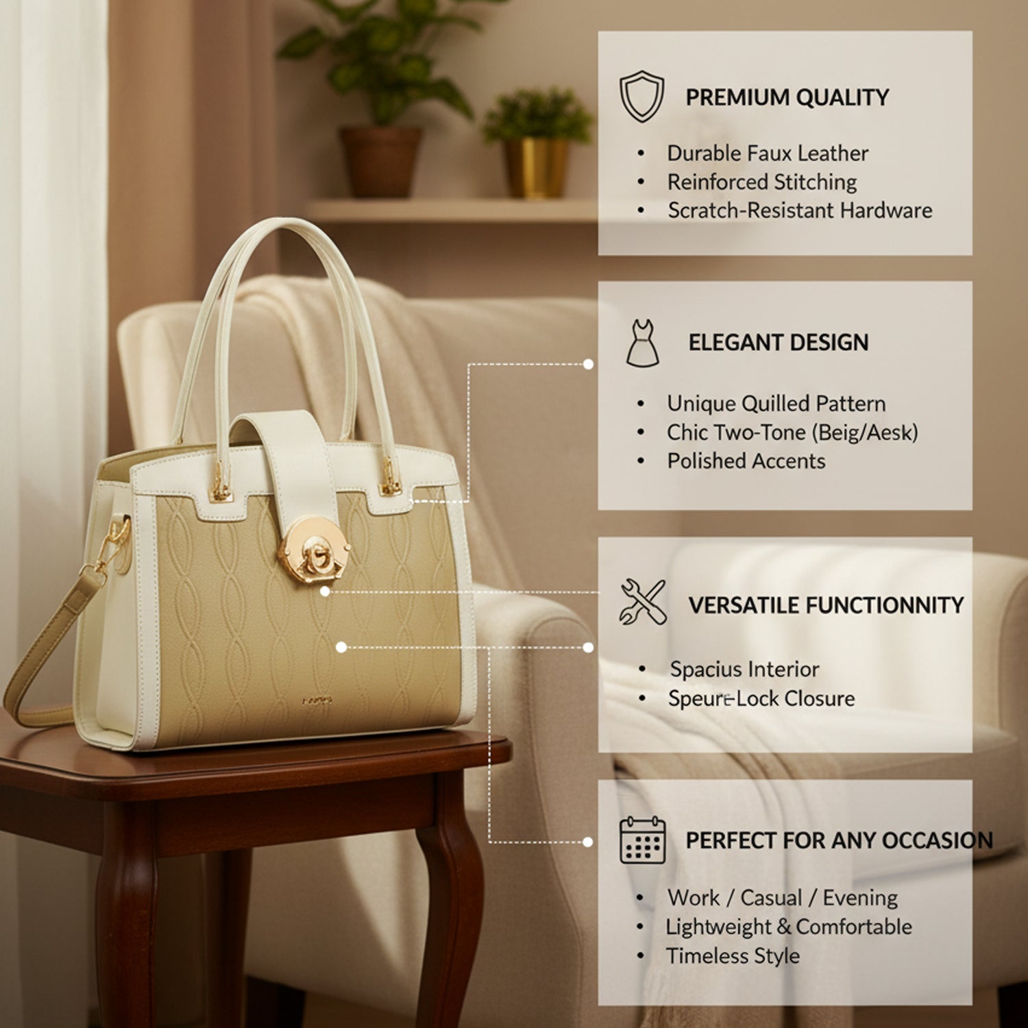 QIARRA by Ajanta Beige Synthetic Sling Bag for Women | 2 Compartments | Buckle Lock | Zipper Chains | Handle Detachable Sling Strap-VB8017