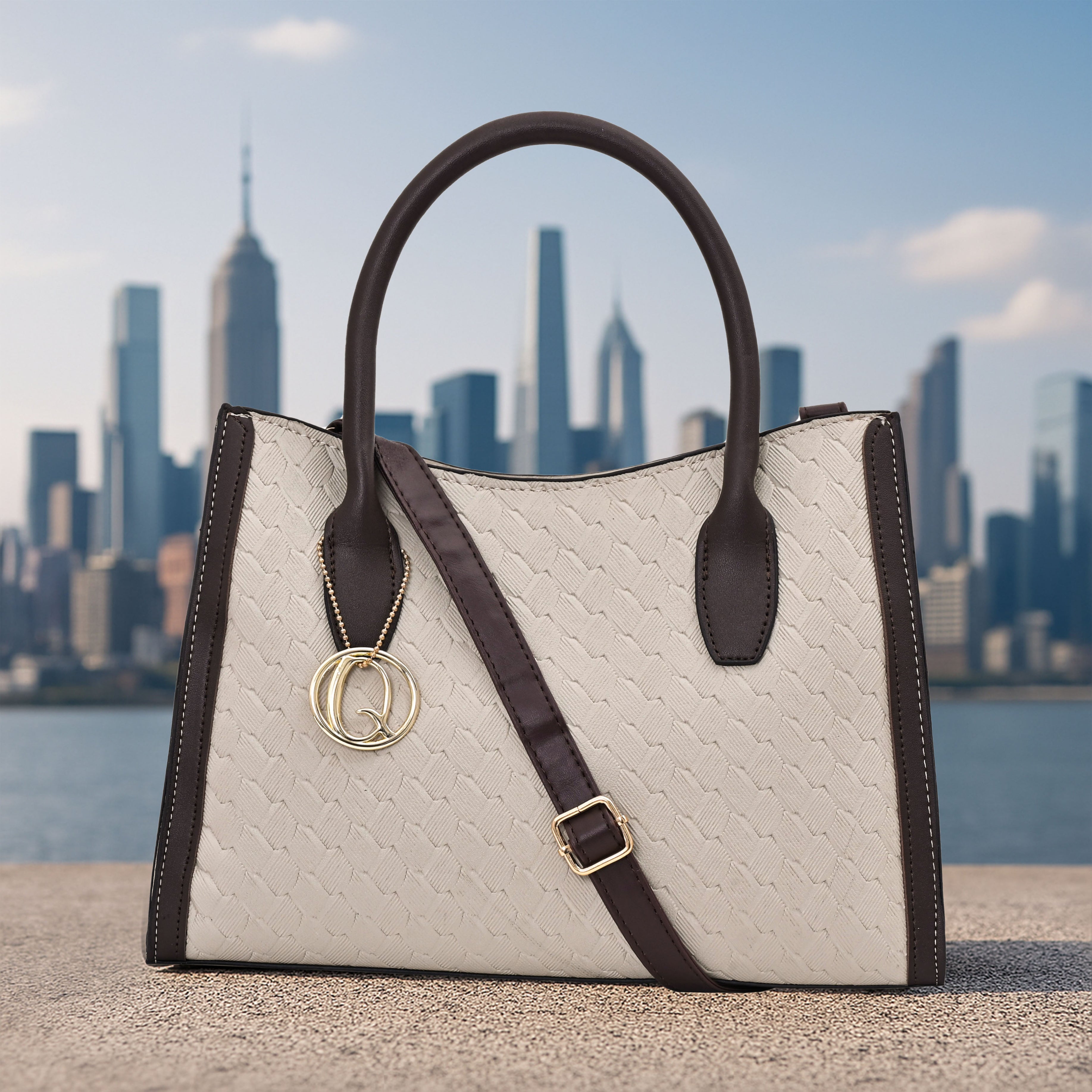 QIARRA White Luxe Textured Synthetic Rexin Shoulder Bag with Detachable Strap VB8049