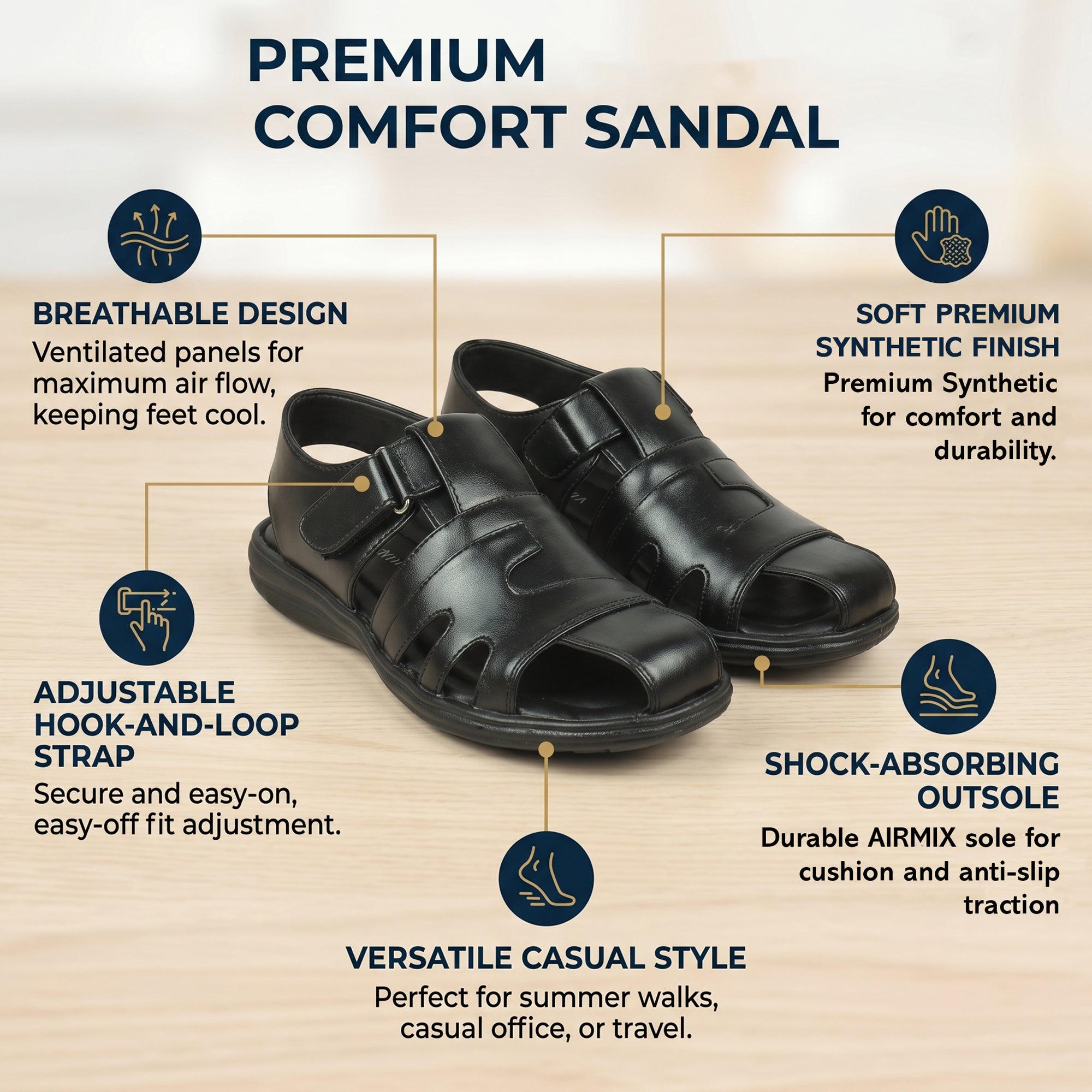 AJANTA Mens Comfort Velcro Sandals | Cushioned Footbed | Durable Sole