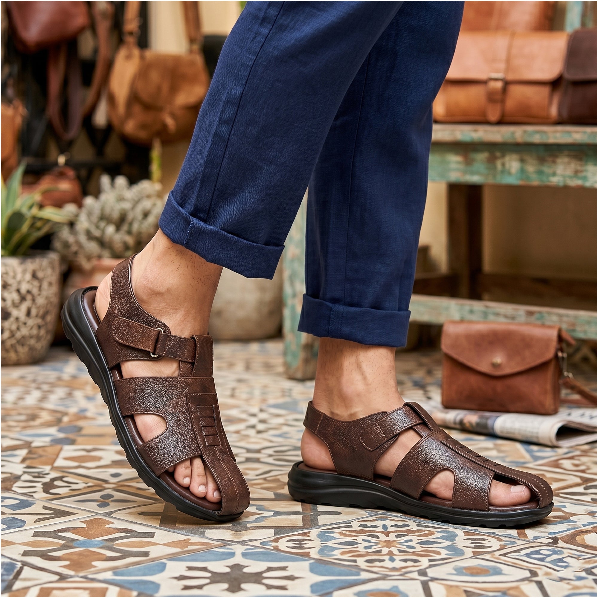 AJANTA Mens Comfort Velcro Sandals | Cushioned Footbed | Durable Sole