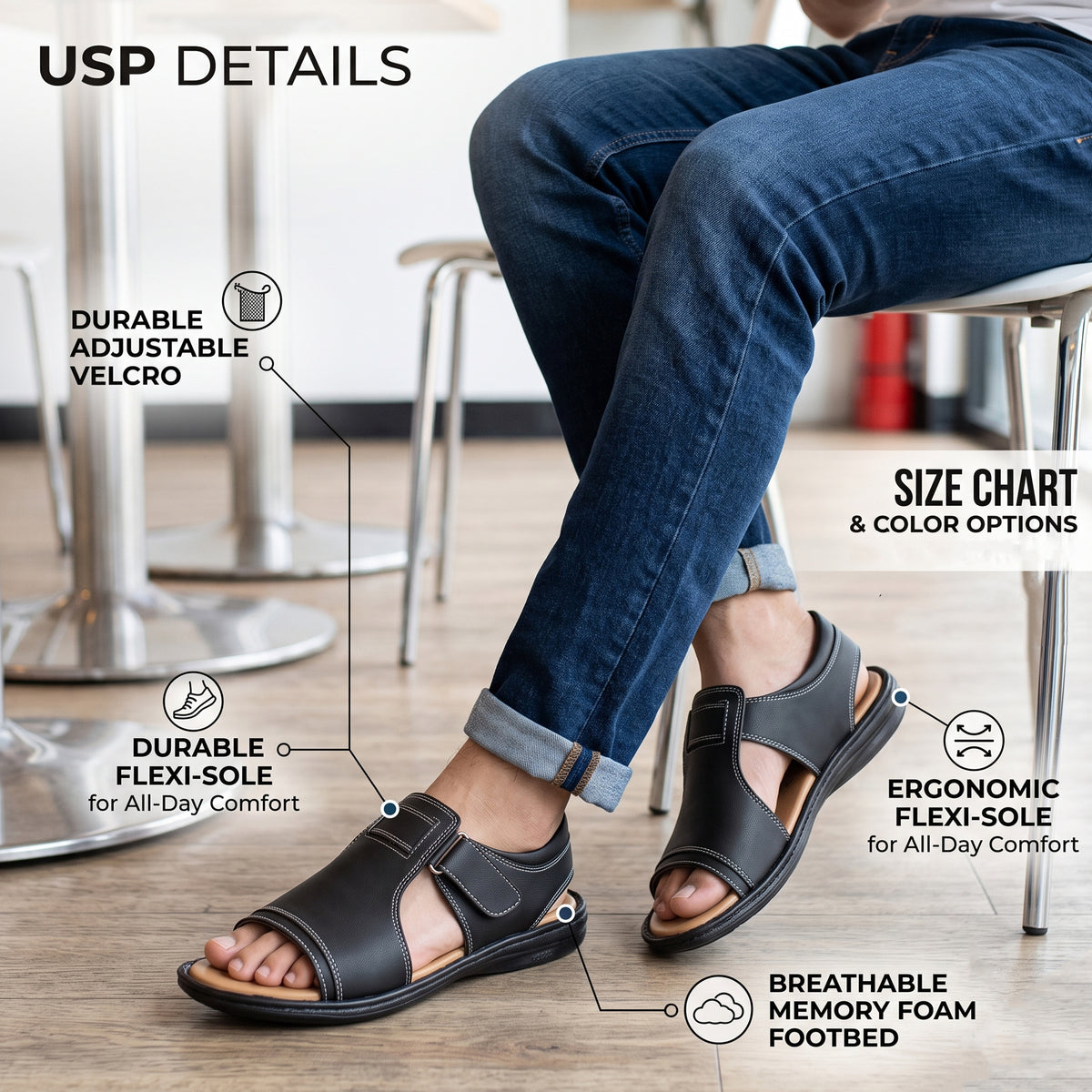 AJANTA Premium Adjustable Sandals For Men | Lightweight Breathable Walking Footwear | Comfortable Velcro Straps Sandal Cushioned Open Toe For Daily Wear Office, Travel, Outdoor & Ethnic Puja Sandals
