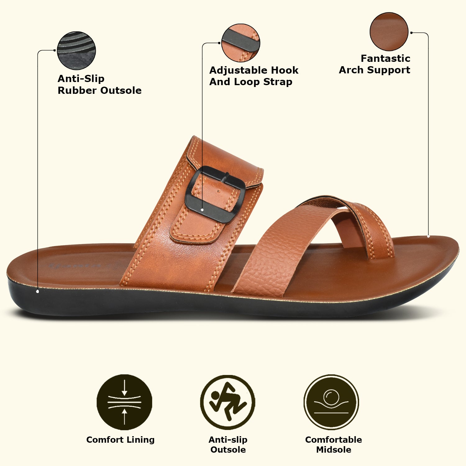 Ajanta Menโs Tan Slip-On Sandals for All-Day Comfort