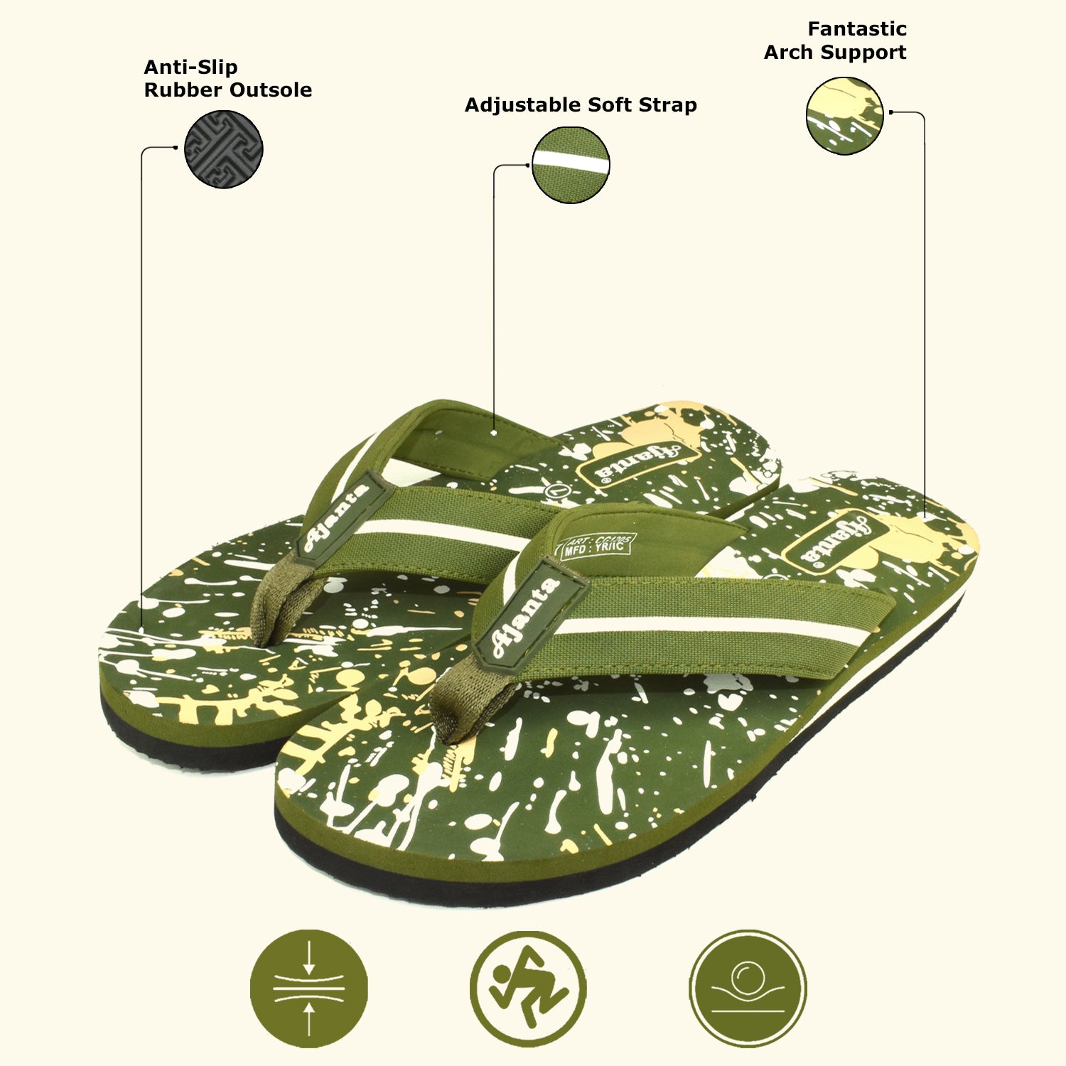 Ajanta Men’s Green Slip-On Chappal | Durable Synthetic Upper | Lightweight EVA Sole | Comfortable Everyday Wear Slipper