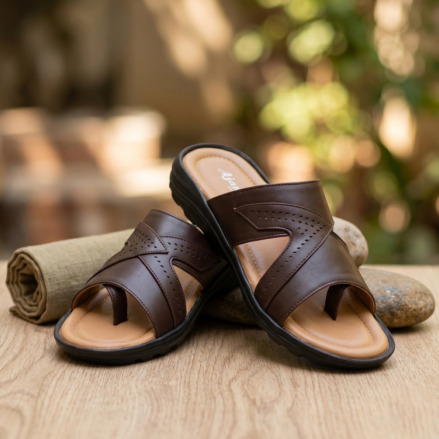 AJANTA Men's Velcro Sandals | Adjustable Strap | Durable & Lightweight Design (Brown)