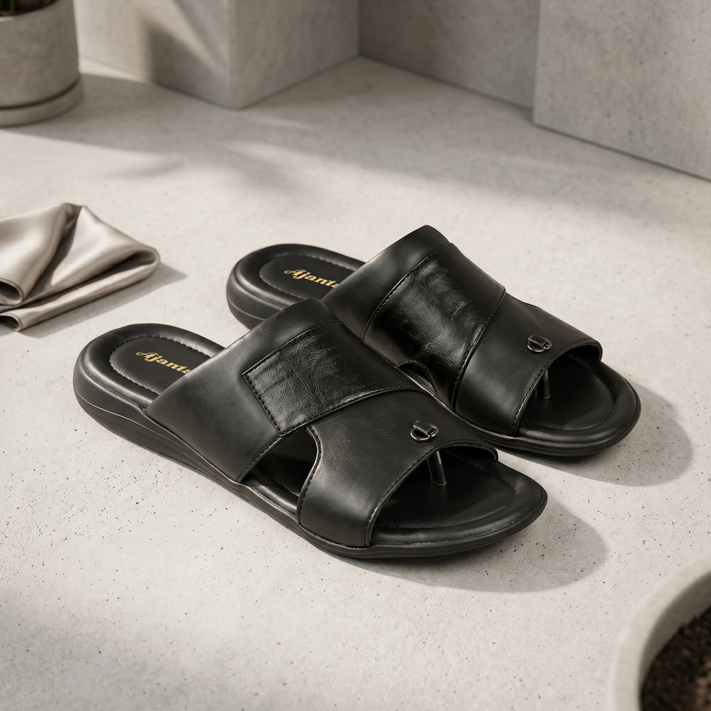 AJANTA Men Cushioned Comfort Sandals | Soft Sole | Everyday Use (Black)