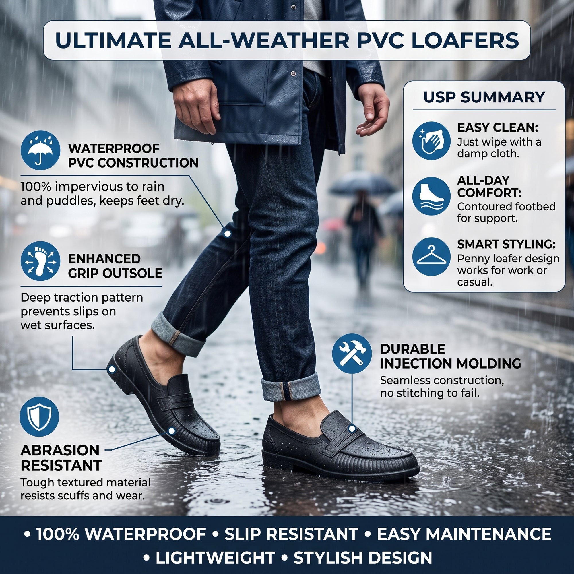 AJANTA Waterproof PVC Loafers Shoes for Men | Lightweight Slip-On Rain Shoes | Casual Monsoon Footwear | Moccasin Shoes Office, Travel, Driving & Daily Wear Rr
