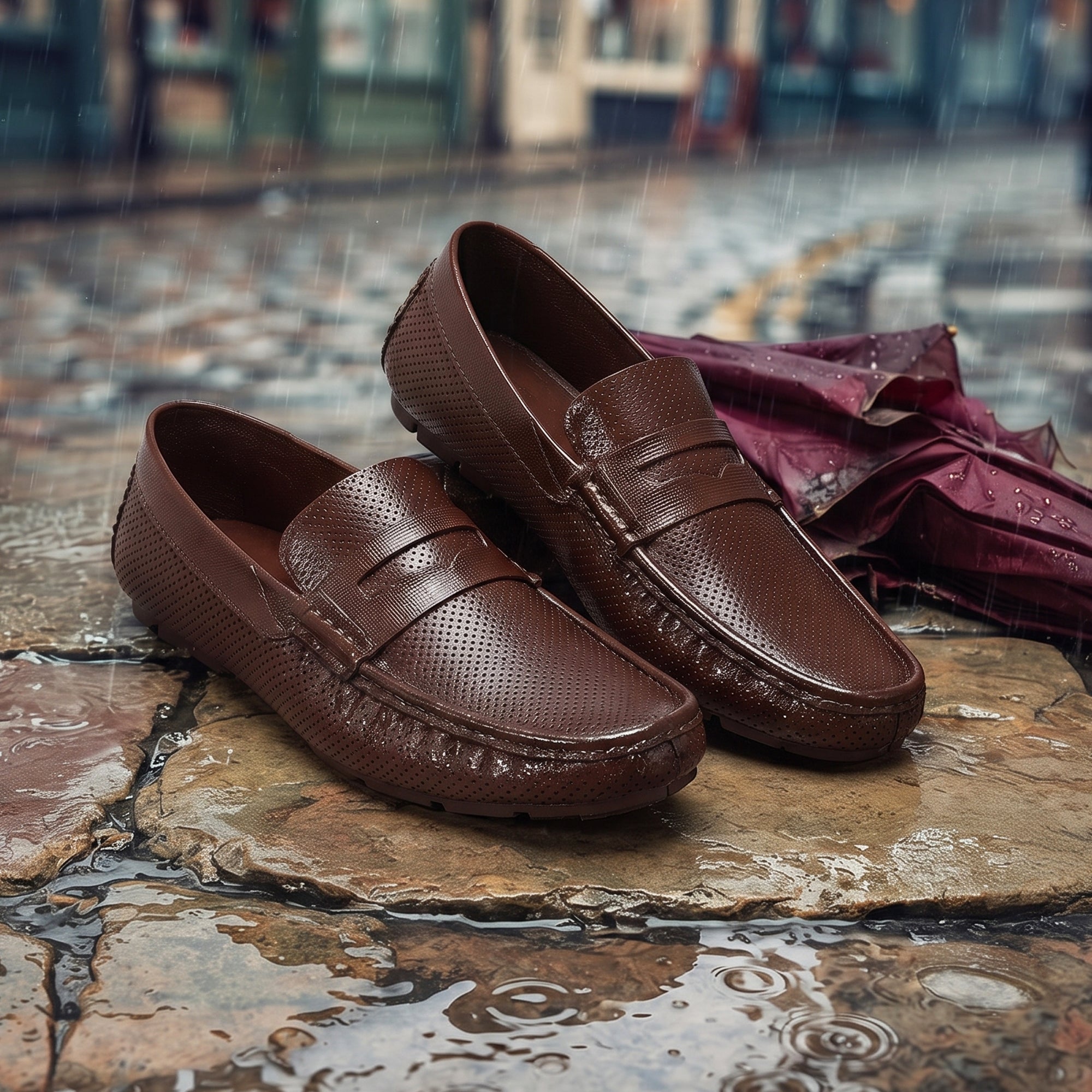 AJANTA Waterproof Slip-On PVC Loafers Shoes for Men | Lightweight Anti-Skid Casual Office Shoes for Men | Comfortable Fit Rainy Shoes & Moccasin Footwear for Travel & Driving Brown