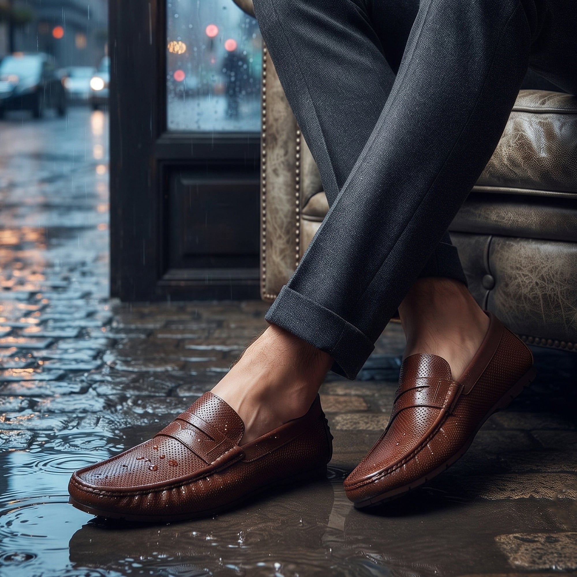 AJANTA Waterproof Slip-On PVC Loafers Shoes for Men | Lightweight Anti-Skid Casual Office Shoes for Men | Comfortable Fit Rainy Shoes & Moccasin Footwear for Travel & Driving Brown