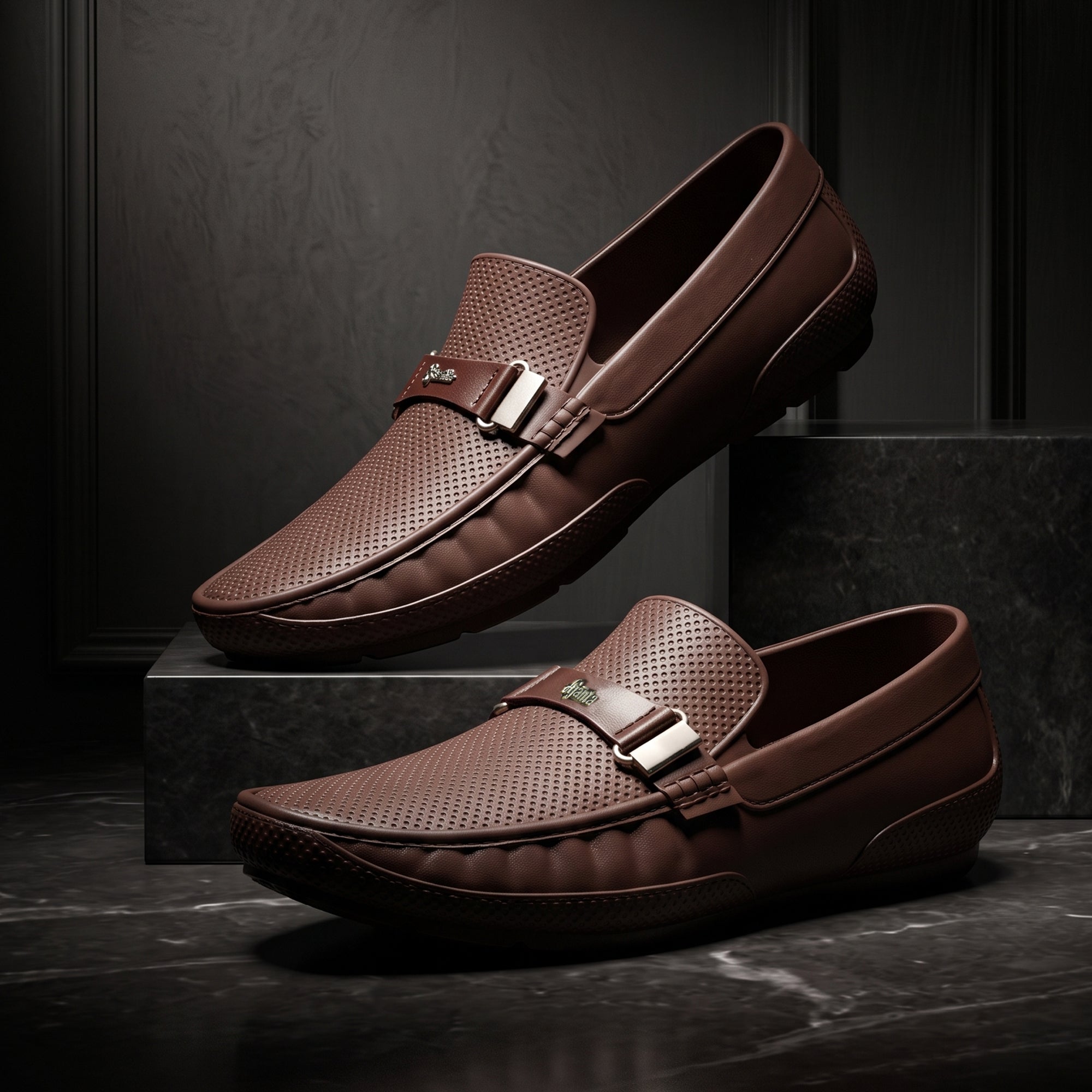 AJANTA PVC Loafers Monsoon Shoes for Men | Waterproof Slip Resistant Flexible Outsole | Lightweight Slip-On Embossed Metal Buckle Casual Rain Shoes for Office & Party Brown