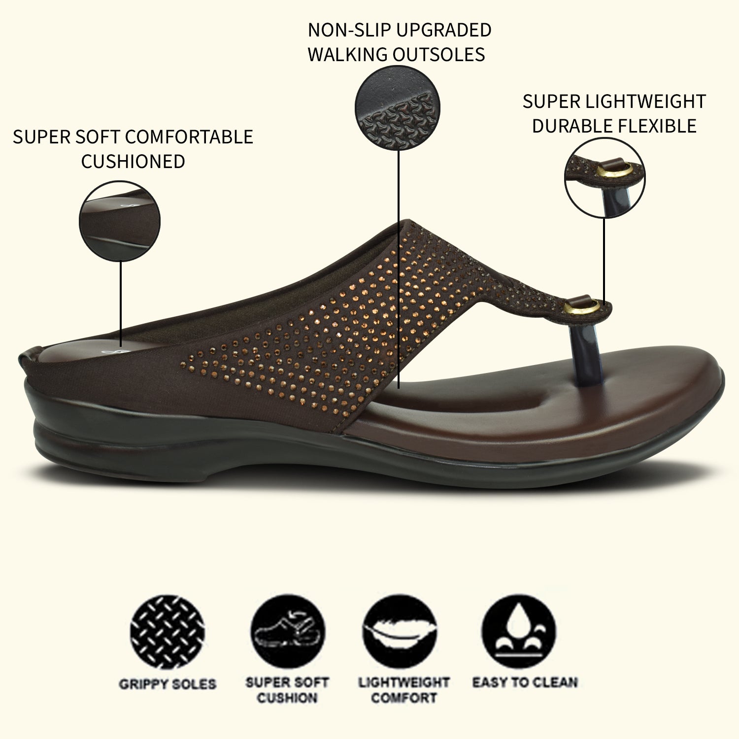 AJANTA Women's Brown Flat Sandals | Synthetic Upper | Lightweight EVA Sole | Stylish & Comfortable Sandal EL1028