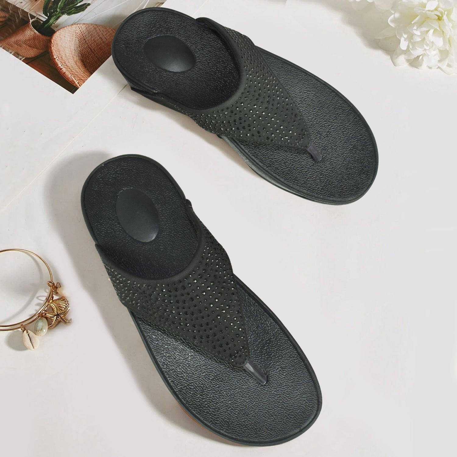 Ajanta Women's Black Flat Sandals | Cushioned EVA Insole | Stylish Synthetic Outer Material | Lightweight Daily Wear Sandal EL1032