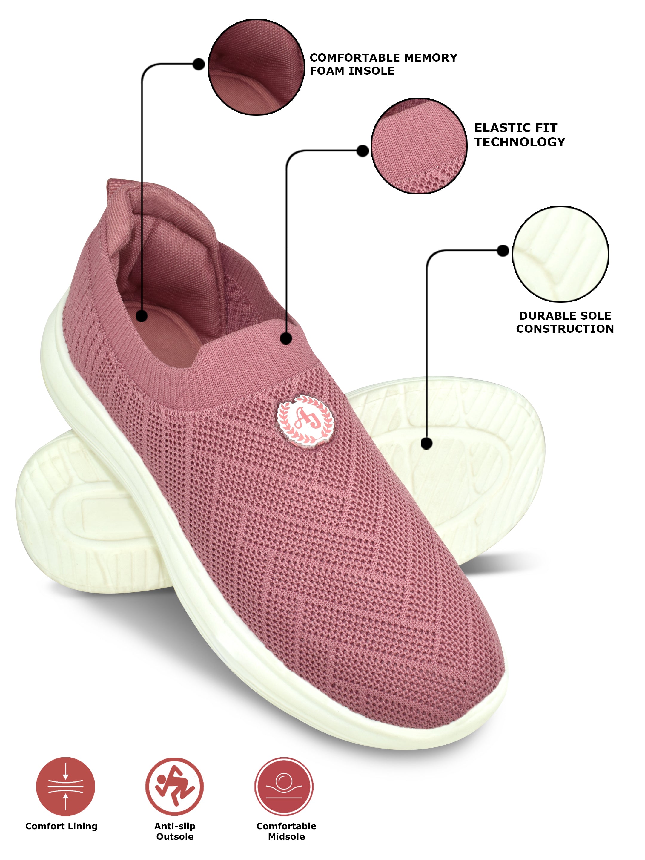 Ajanta Women's Pink Slip-On Casual Shoes | Breathable Mesh Upper | Durable PVC Sole | Lightweight Shoes| Slip on shoes EL5036