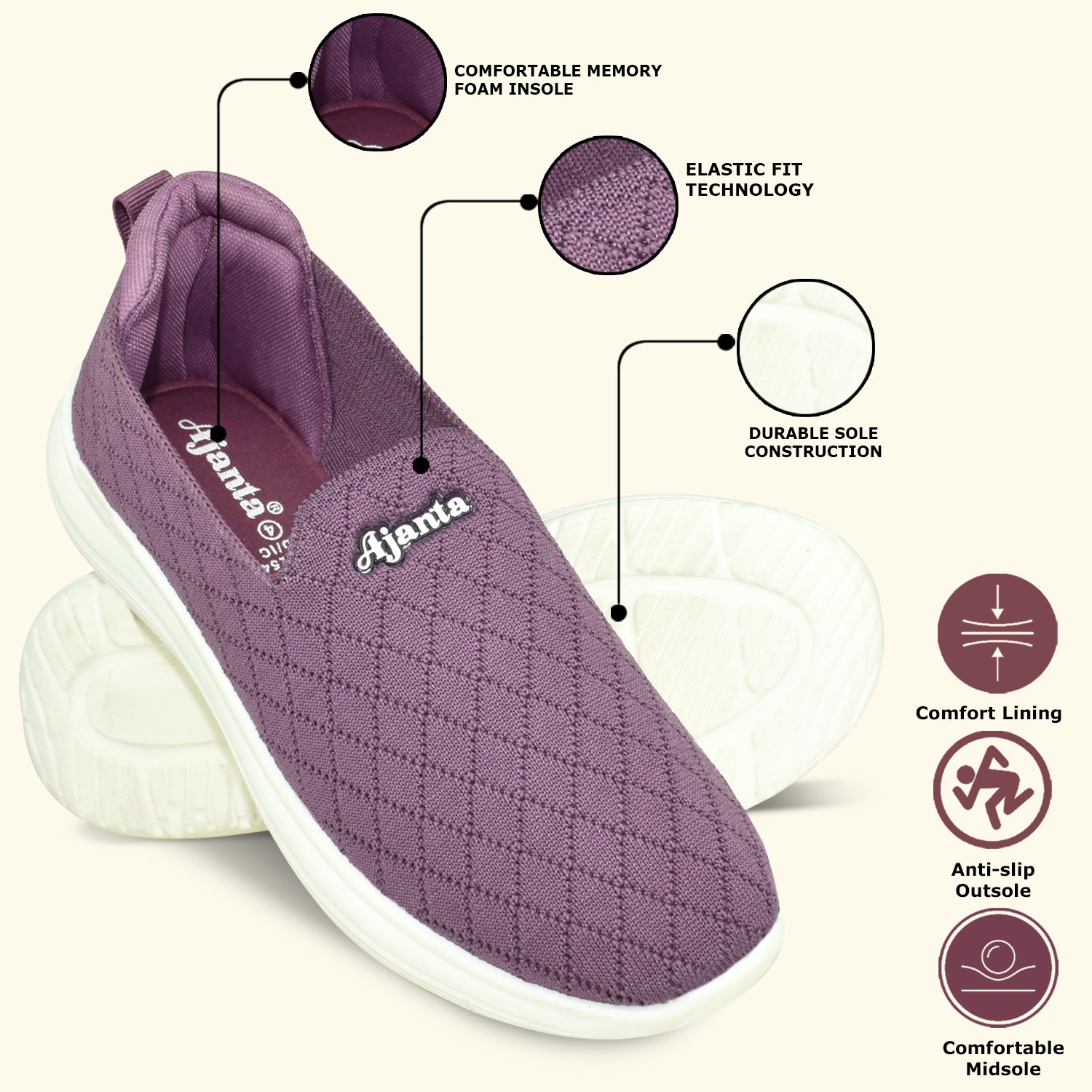 Ajanta Women's Purple Slip-On Casual Shoes | Breathable Flyknit Upper | Flexible PVC Sole | Lightweight shoes EL5037