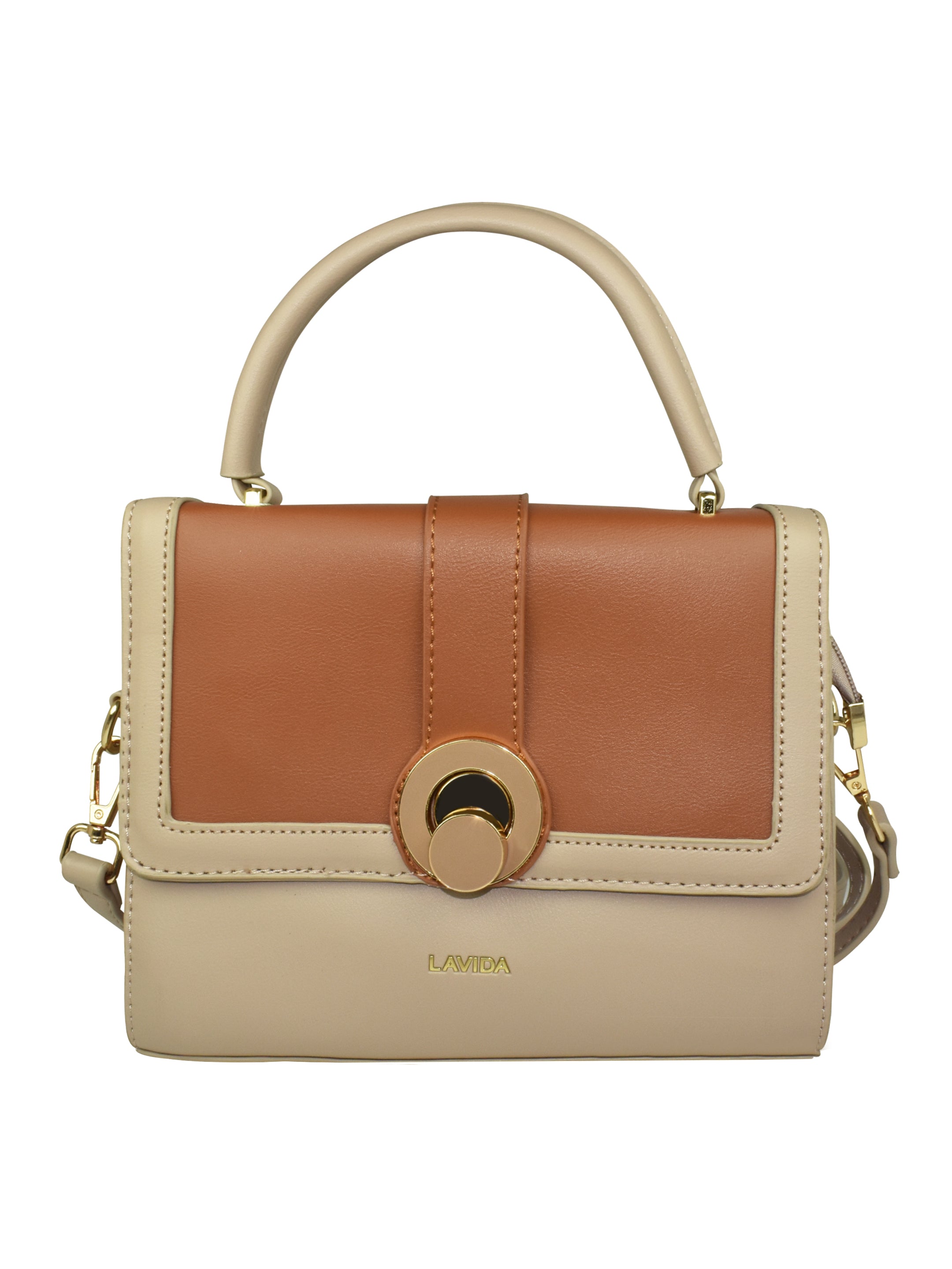 QIARRA by Ajanta Beige & Brown Synthetic Sling Bag for Women | 2 Compartments | Buckle Lock | Zipper Chains | Handle Detachable Sling Strap-VB8013