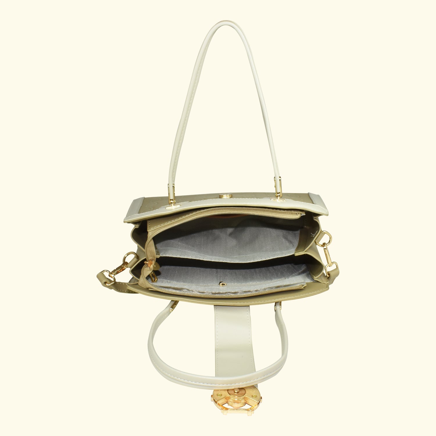 QIARRA by Ajanta Beige Synthetic Sling Bag for Women | 2 Compartments | Buckle Lock | Zipper Chains | Handle Detachable Sling Strap-VB8017