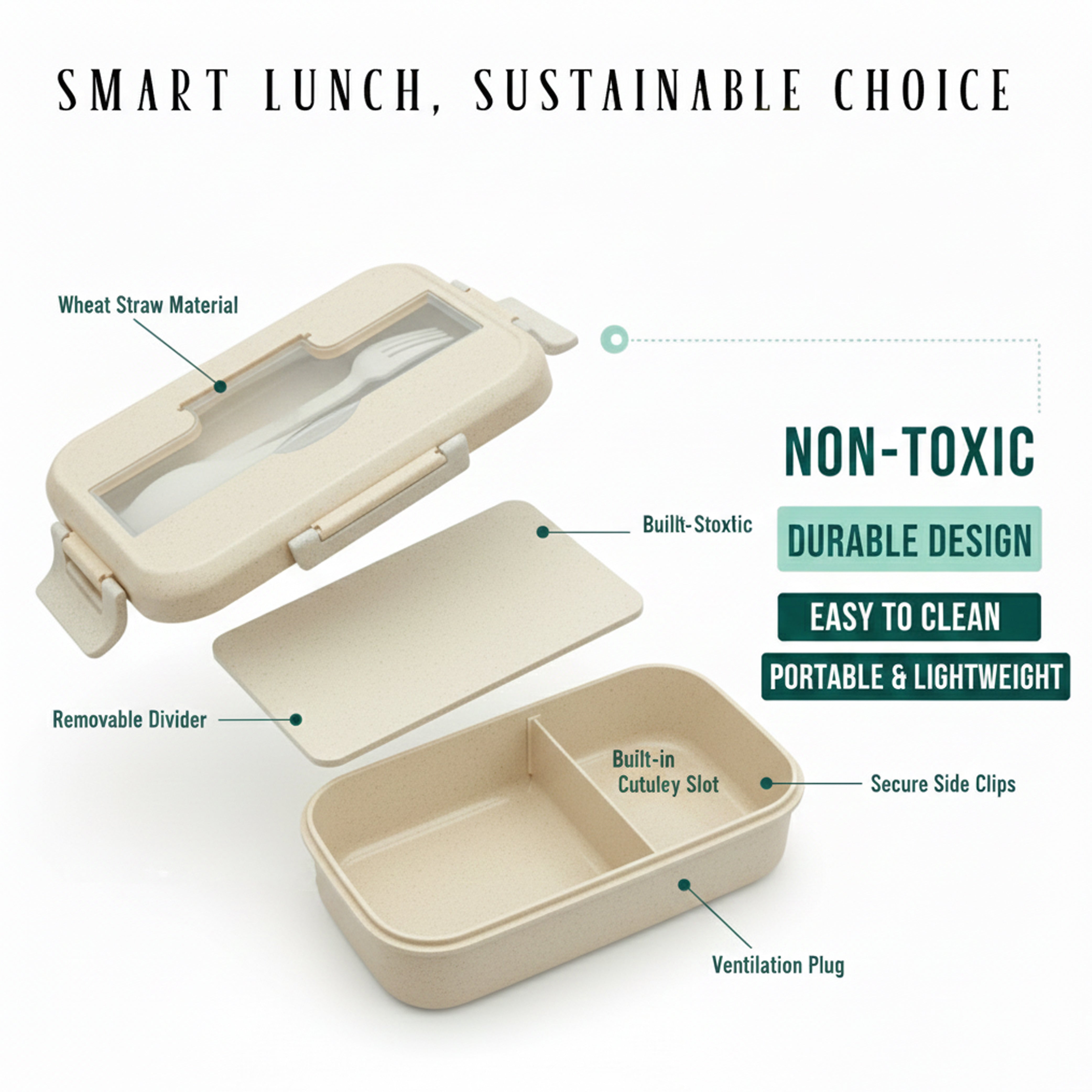 Ajanta BPA-Free 3-Section Lunch Meal Box with Snap Lock Lid & Transparent Cutlery Compartment for Kids