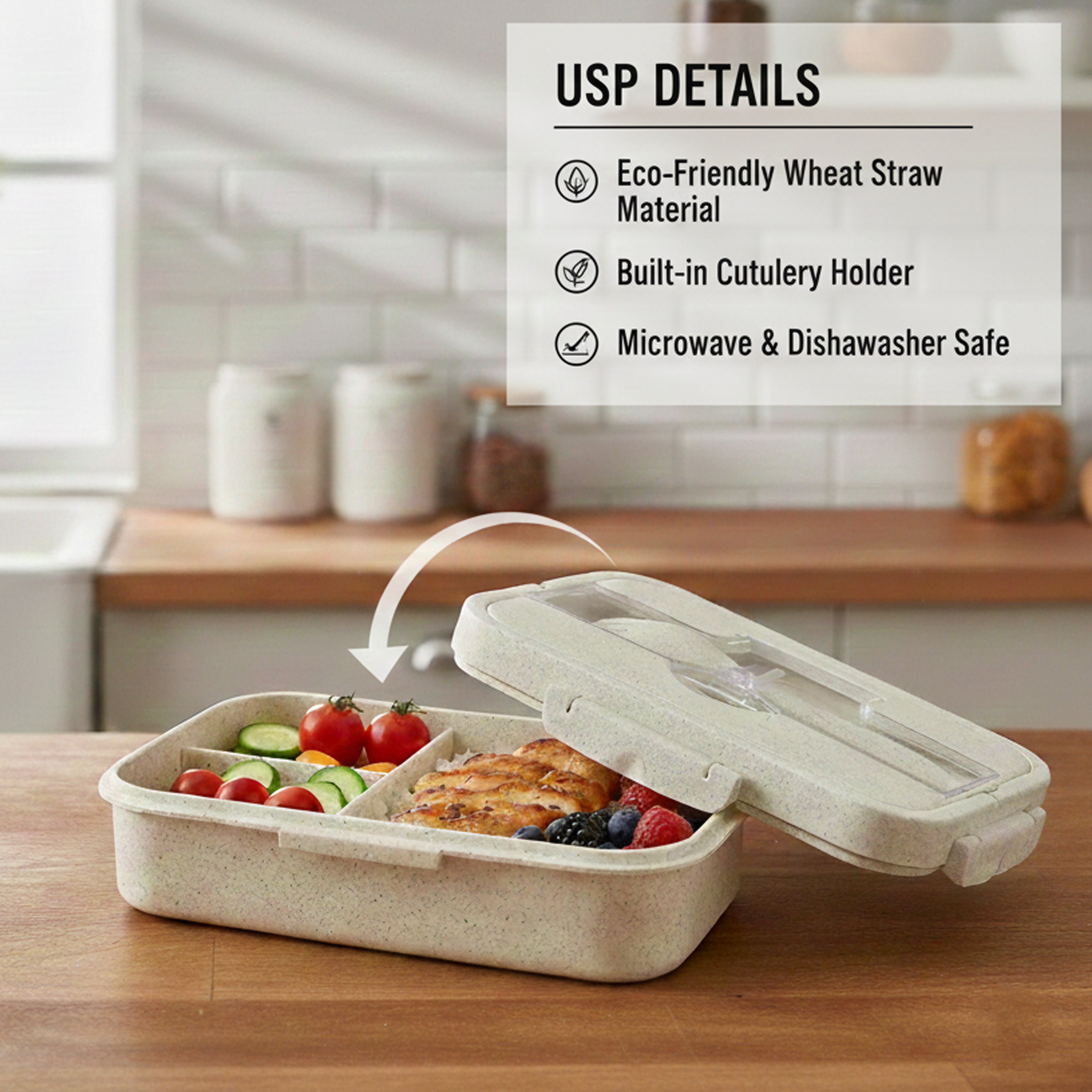 Ajanta BPA-Free 3-Section Lunch Meal Box with Snap Lock Lid & Transparent Cutlery Compartment for Kids