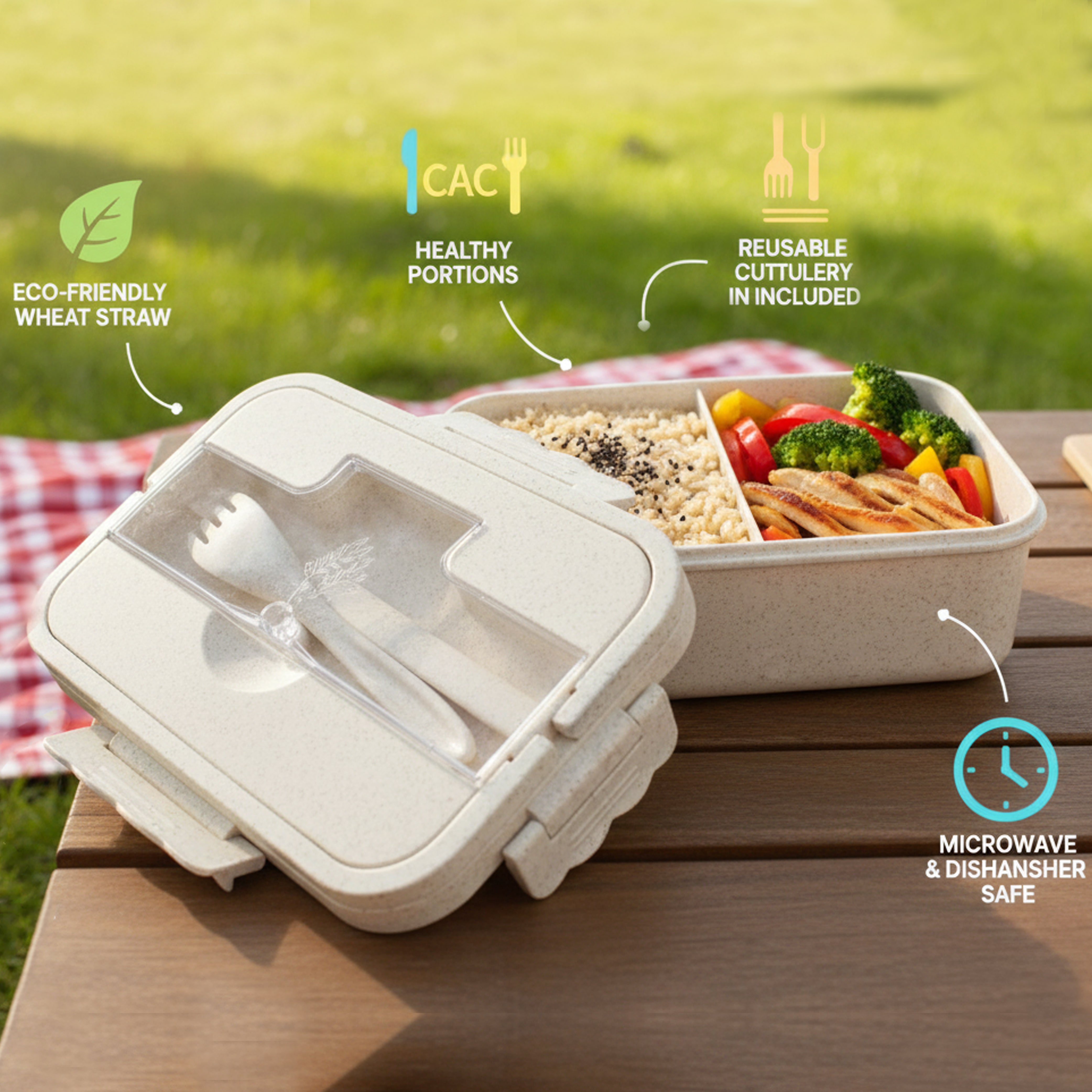 Ajanta BPA-Free 3-Section Lunch Meal Box with Snap Lock Lid & Transparent Cutlery Compartment for Kids