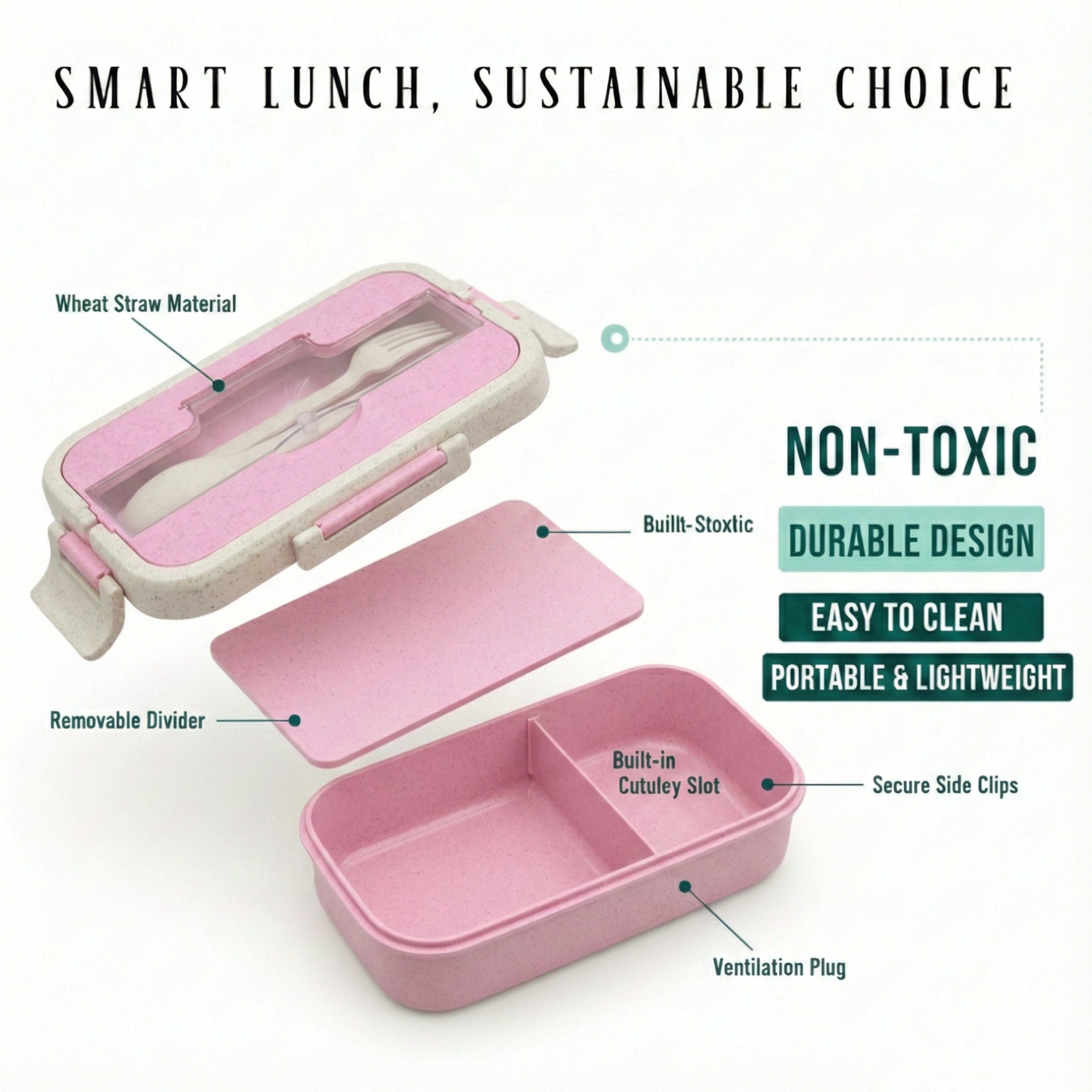 Ajanta BPA-Free 3-Section Lunch Meal Box with Snap Lock Lid & Transparent Cutlery Compartment for Kids