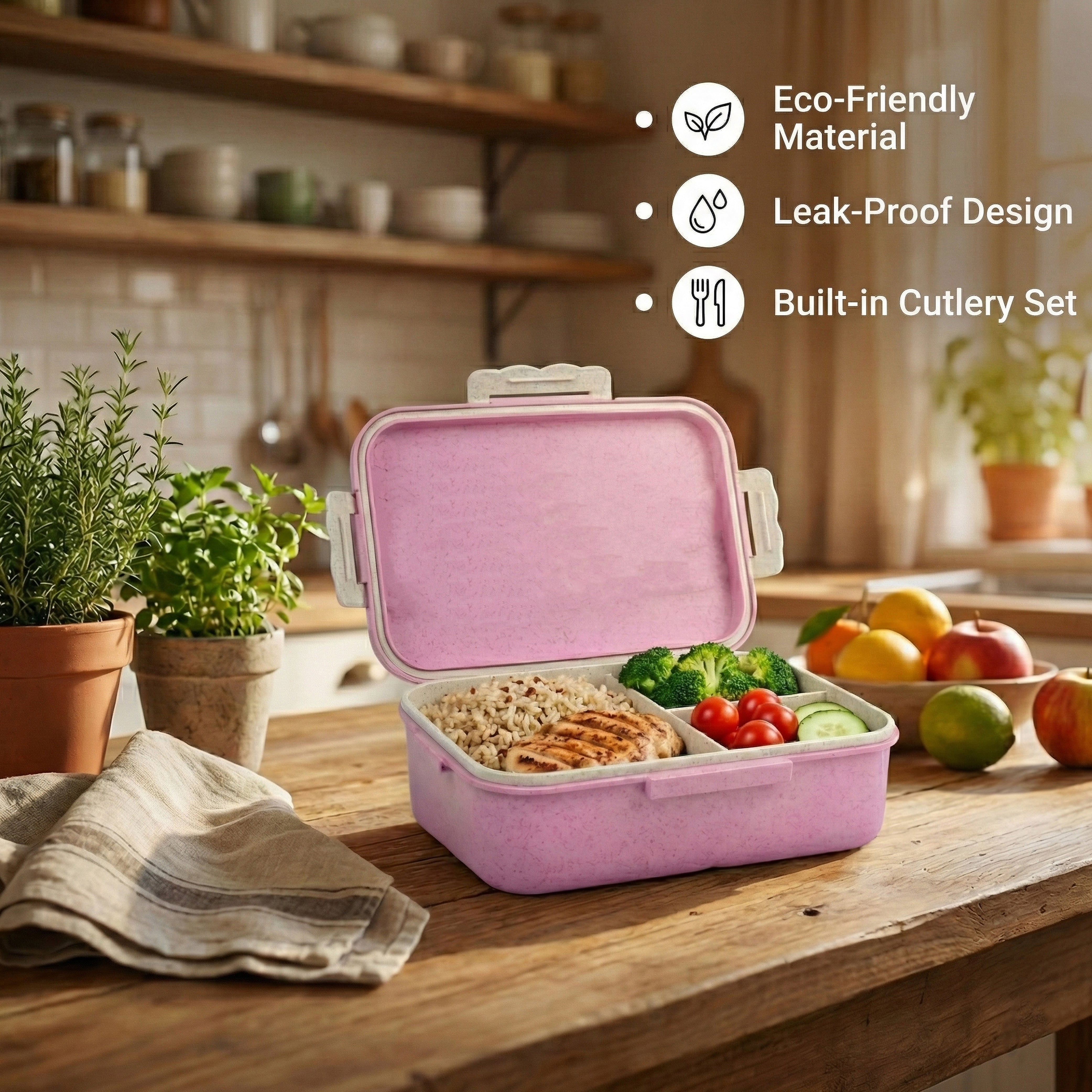 Ajanta BPA-Free 3-Section Lunch Meal Box with Snap Lock Lid & Transparent Cutlery Compartment for Kids