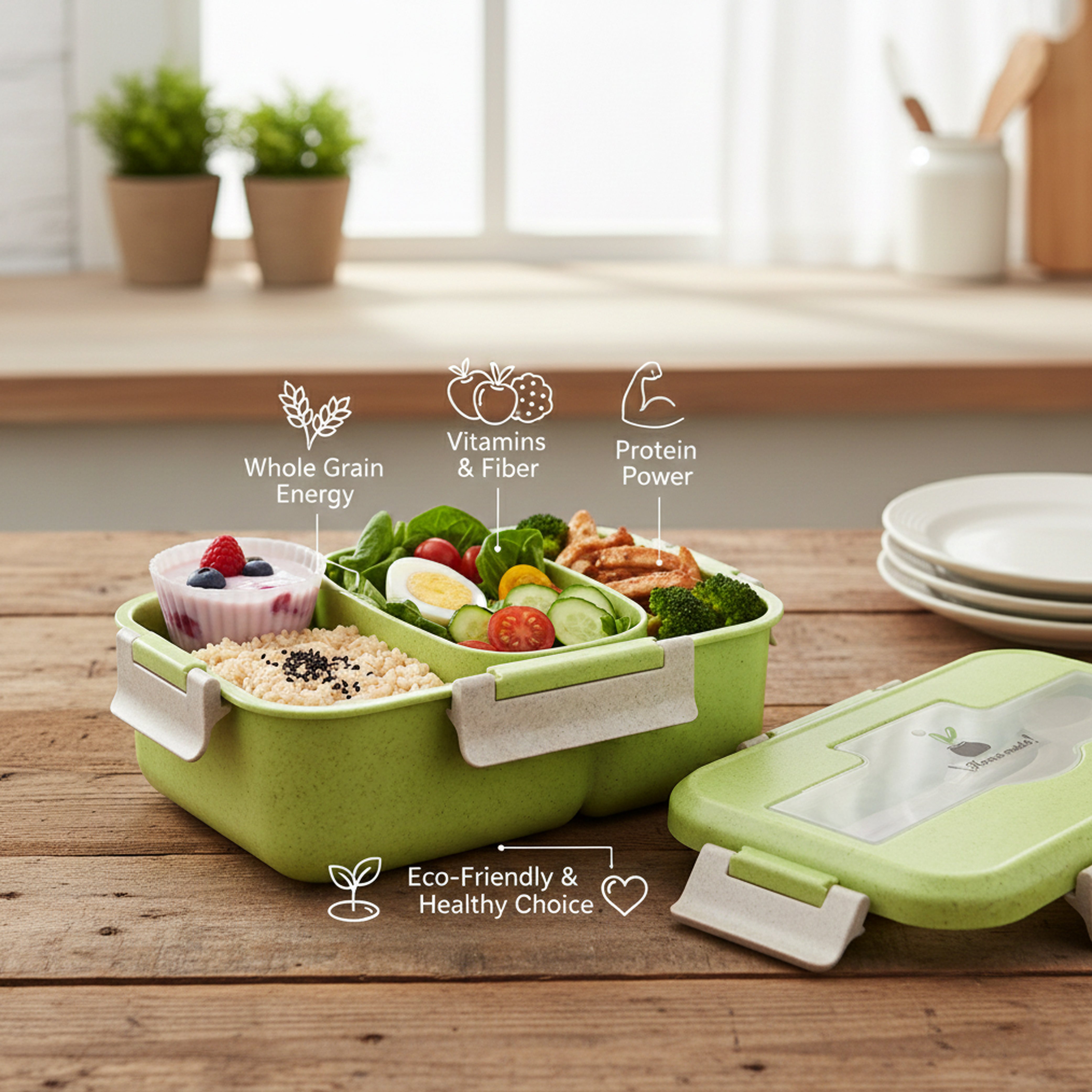 Ajanta BPA-Free 2-Section Lunch Meal Box for Kids with Snap Lock Lid & Transparent Cutlery Compartment