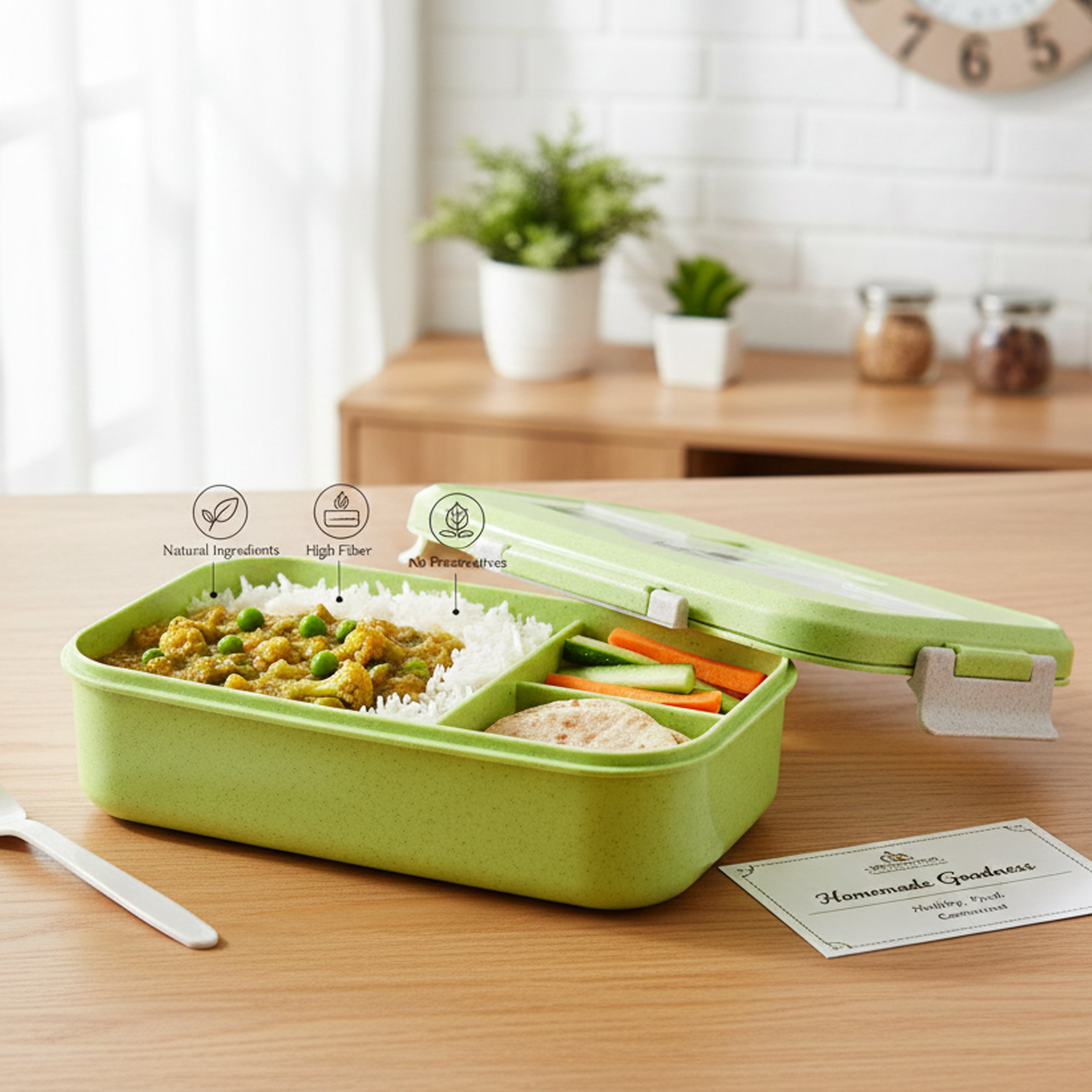 Ajanta BPA-Free 2-Section Lunch Meal Box for Kids with Snap Lock Lid & Transparent Cutlery Compartment
