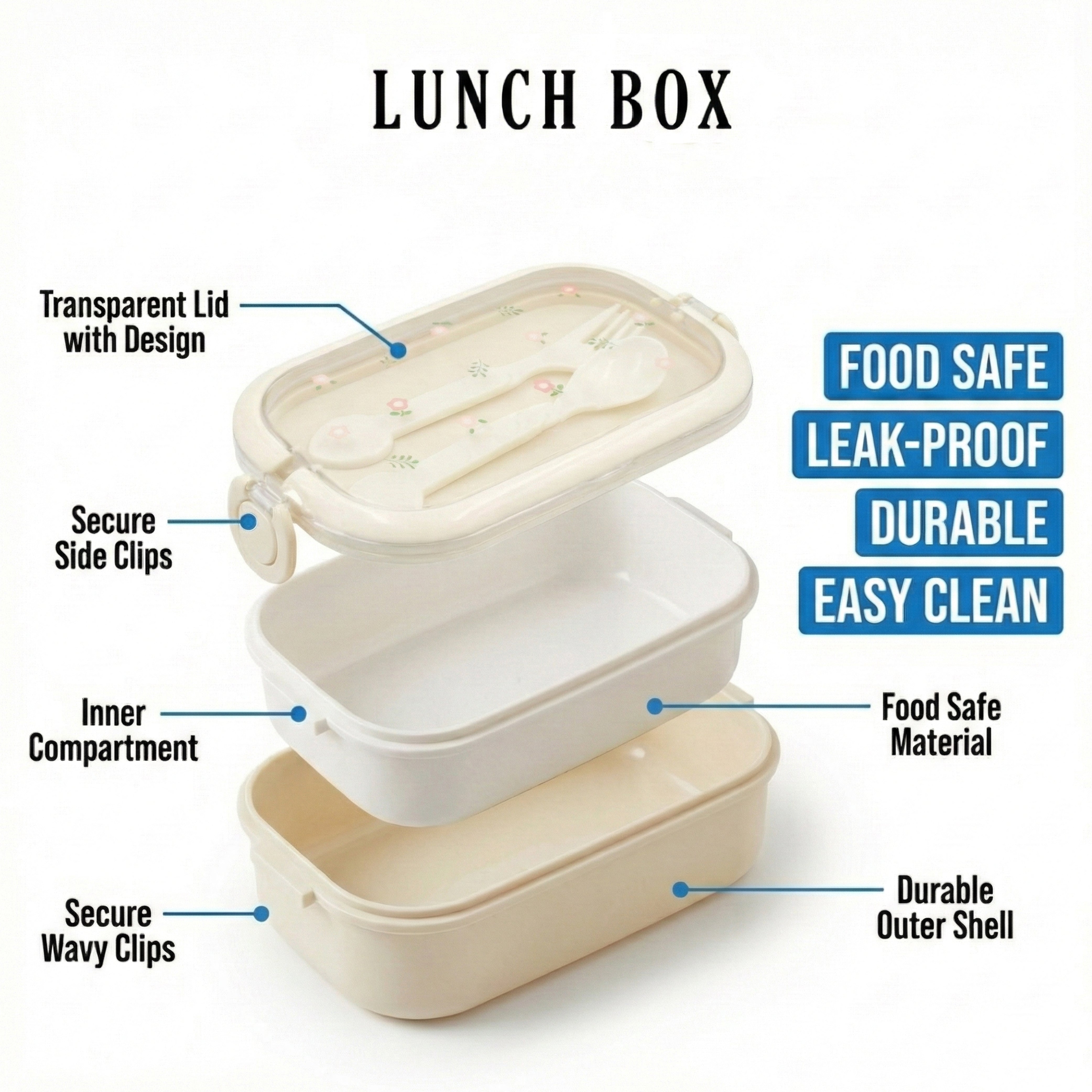 Ajanta BPA-Free Lunch Box with Cutlery Compartment Single-Section Meal Box with Transparent Lid, Dual Snap Locks & Top Handles