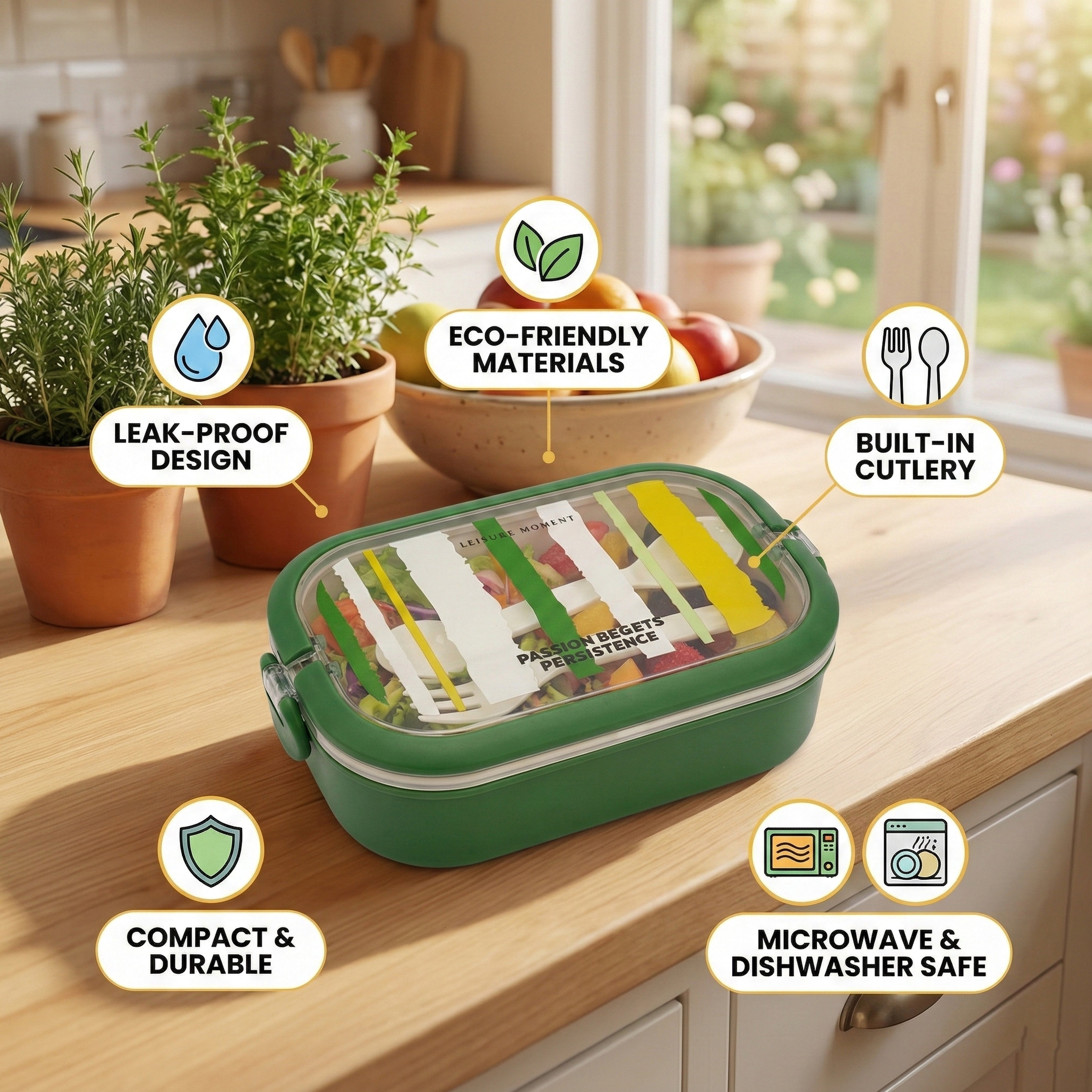 Ajanta BPA-Free Lunch Box with Cutlery Compartment Single-Section Meal Box with Transparent Lid, Dual Snap Locks & Top Handles