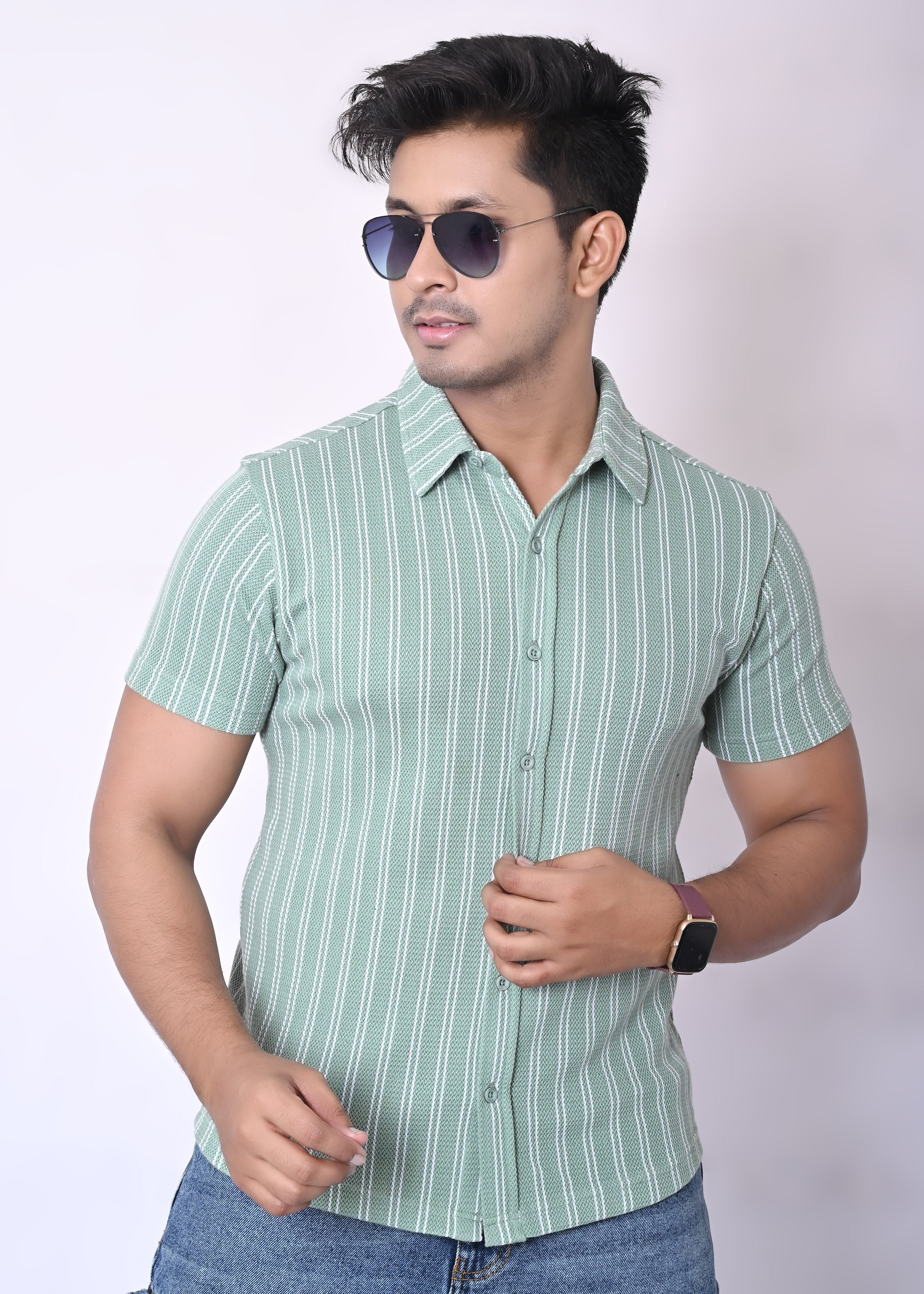IMPERIO Men Slim Fit Knitted Casual Shirt| Striped Spread Collar With Half Sleeves SC5005