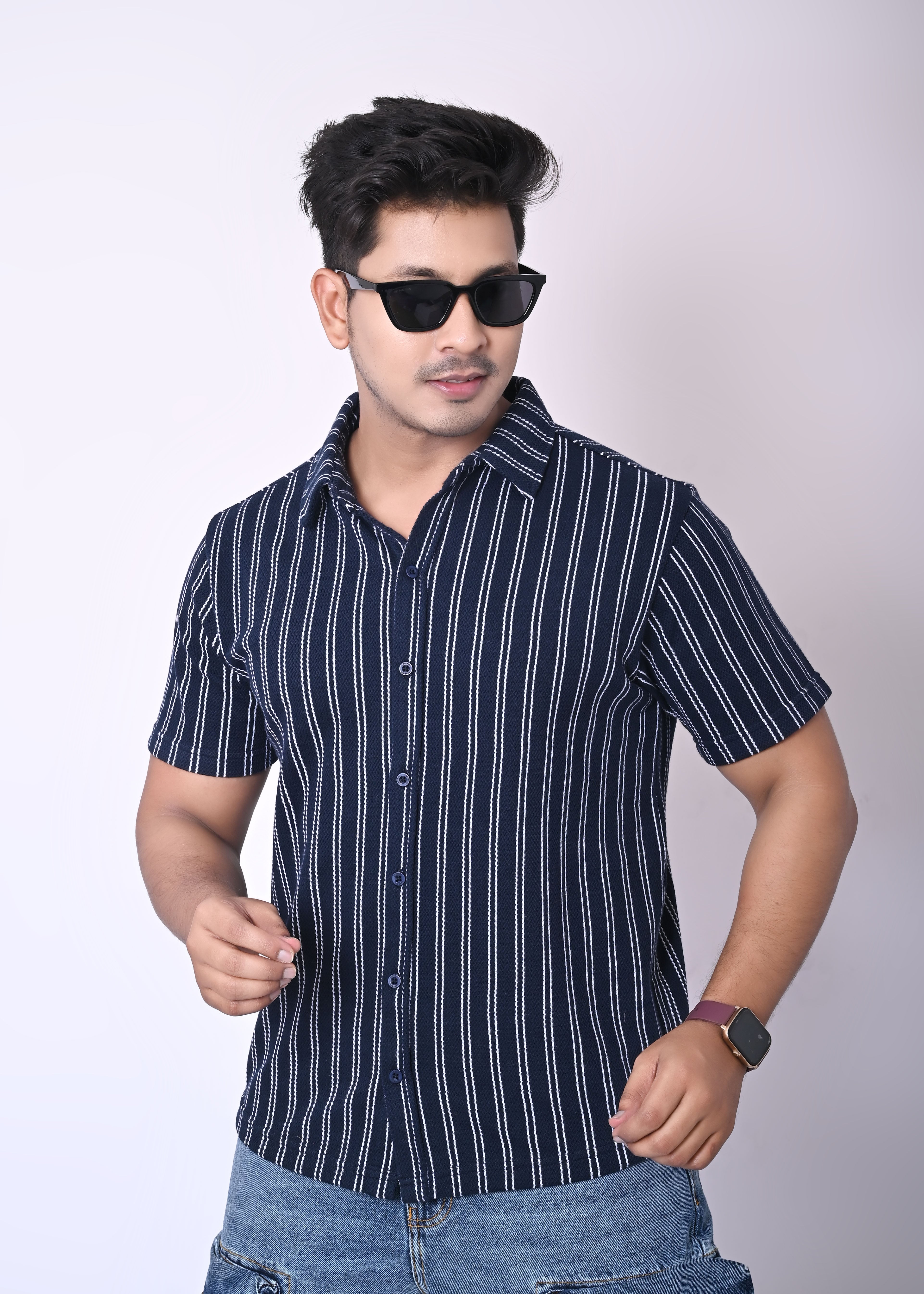 IMPERIO Men Slim Fit Knitted Casual Shirt| Striped Spread Collar With Half Sleeves SC5006