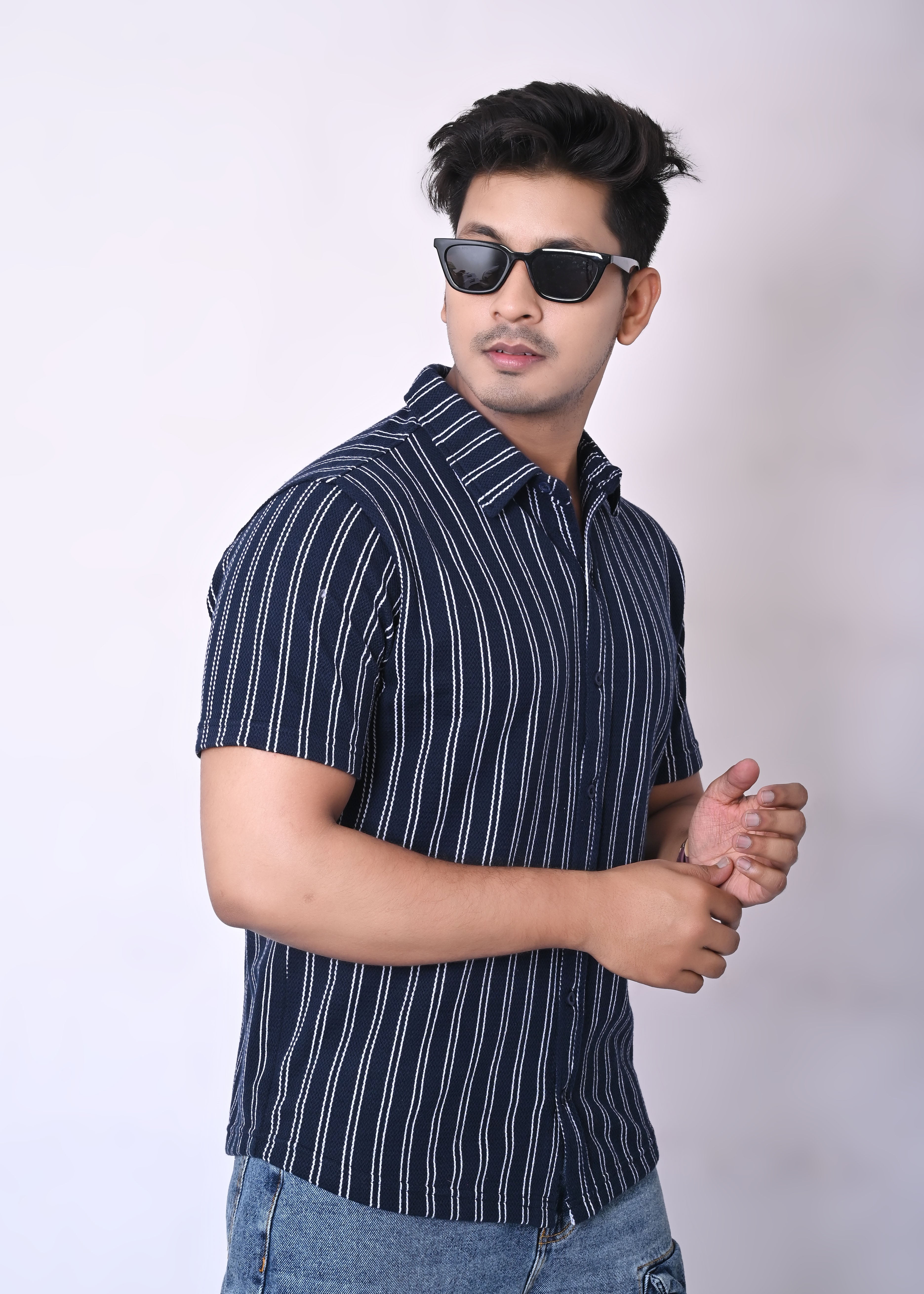 IMPERIO Men Slim Fit Knitted Casual Shirt| Striped Spread Collar With Half Sleeves SC5006