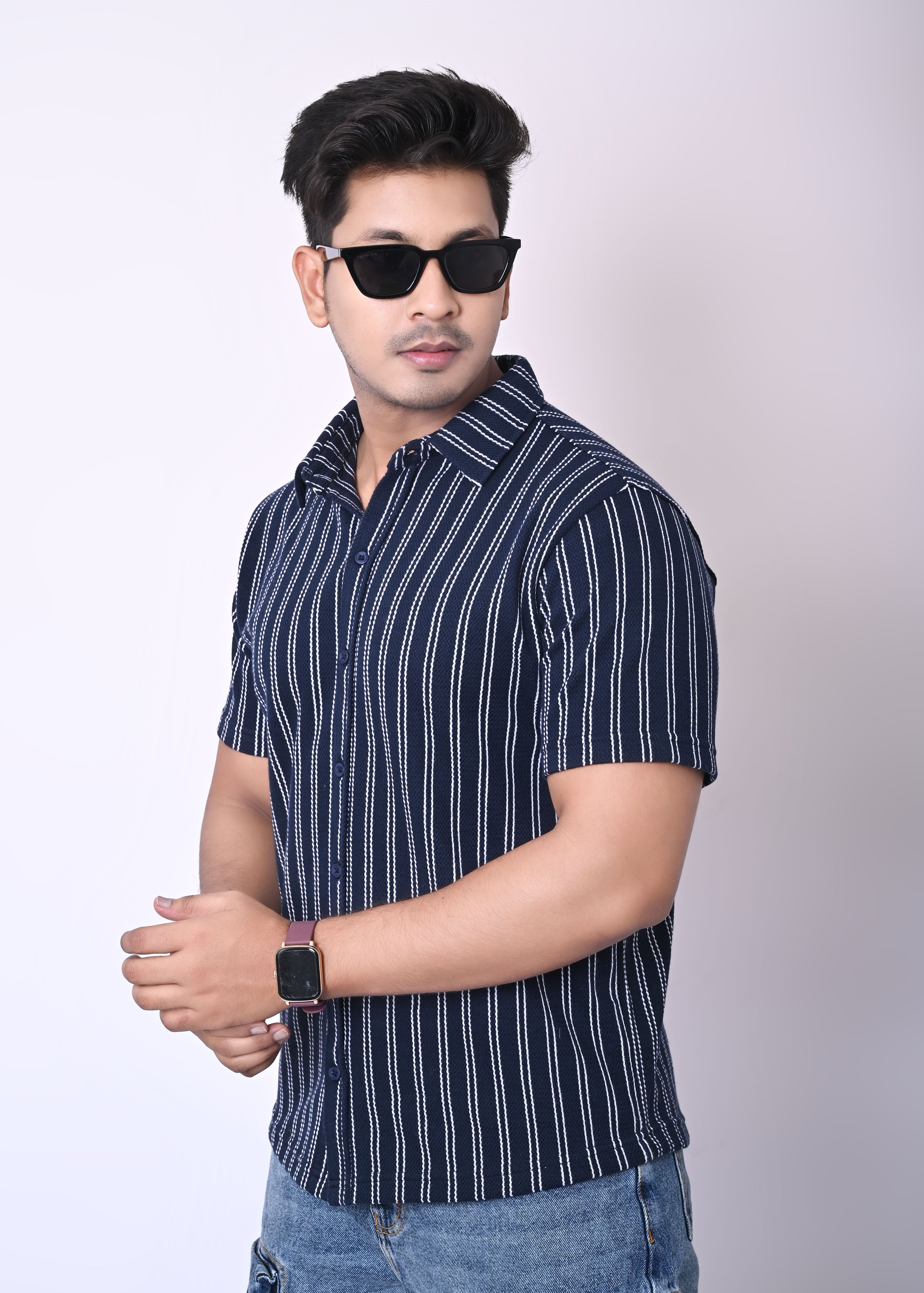 IMPERIO Men Slim Fit Knitted Casual Shirt| Striped Spread Collar With Half Sleeves SC5006