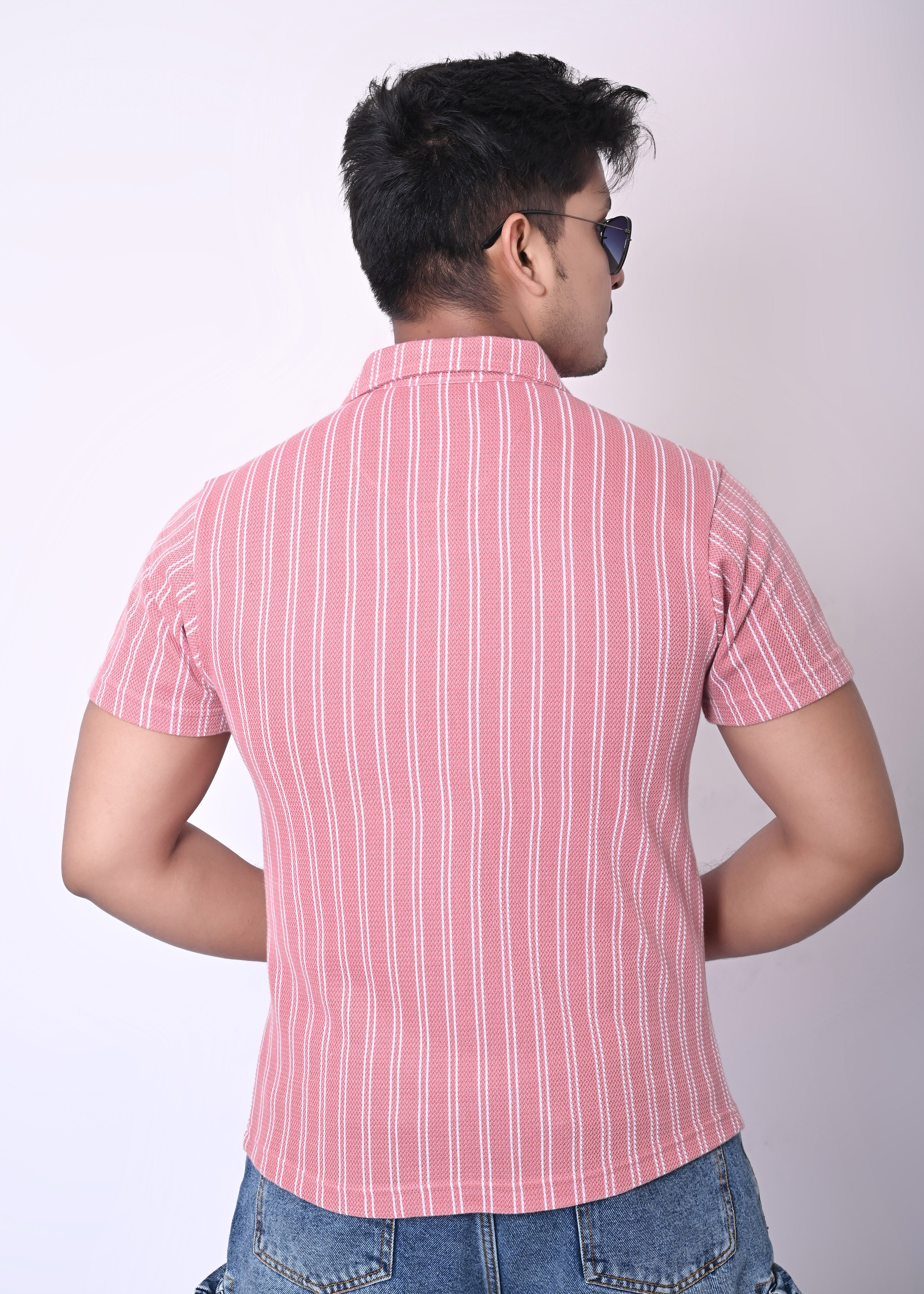 IMPERIO Men Slim Fit Knitted Casual Shirt| Striped Spread Collar With Half Sleeves SC5007