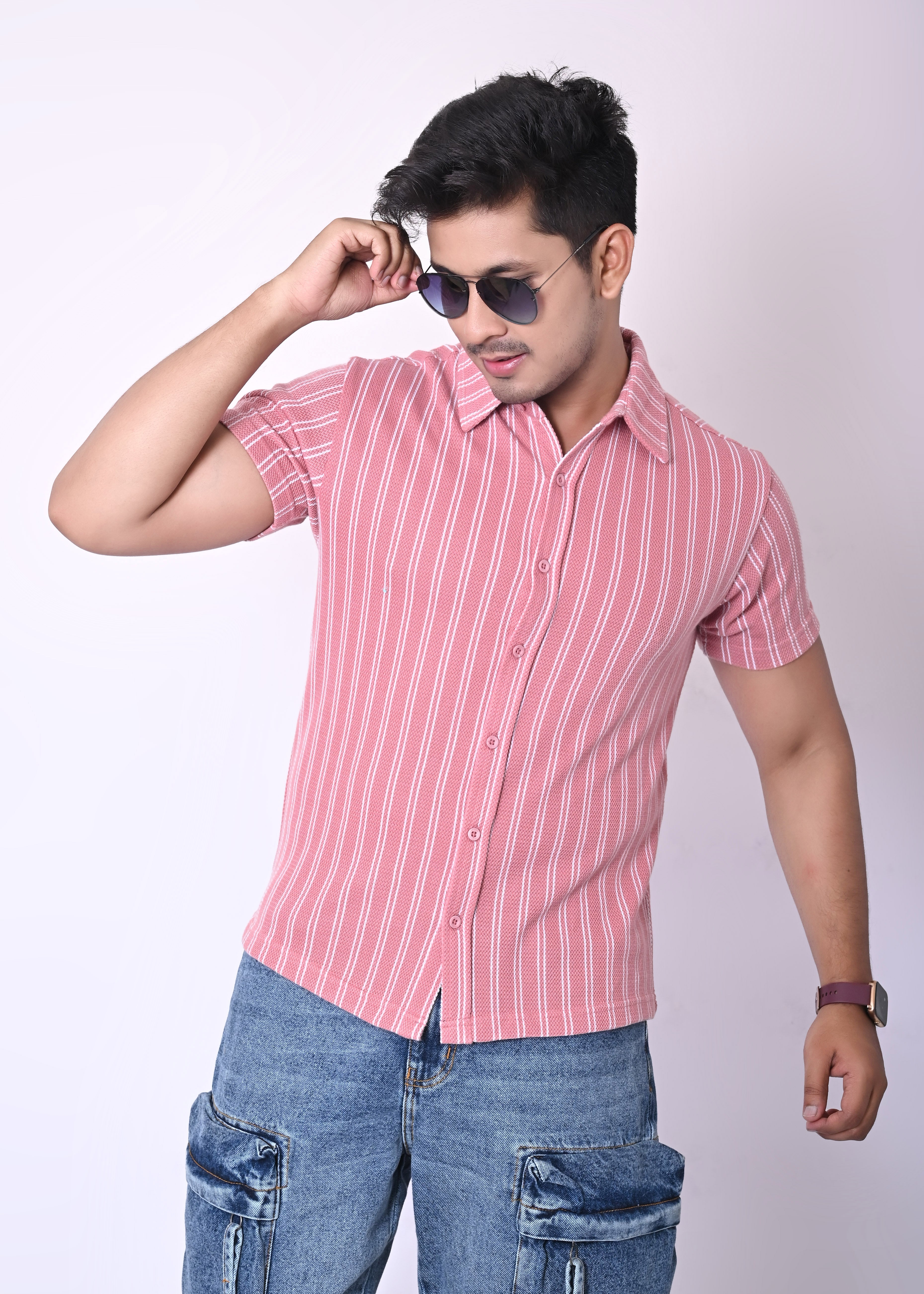IMPERIO Men Slim Fit Knitted Casual Shirt| Striped Spread Collar With Half Sleeves SC5007