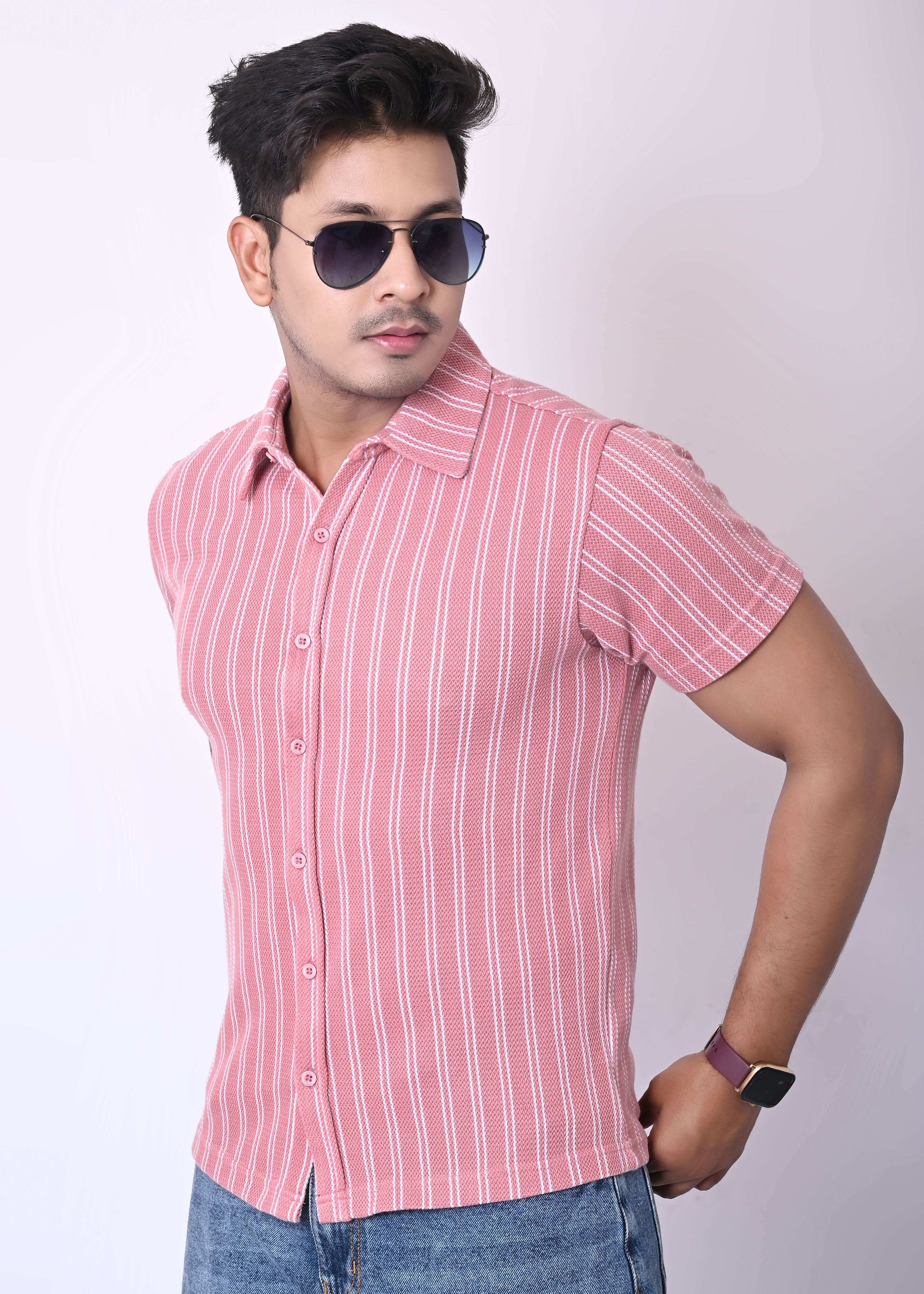 IMPERIO Men Slim Fit Knitted Casual Shirt| Striped Spread Collar With Half Sleeves SC5007