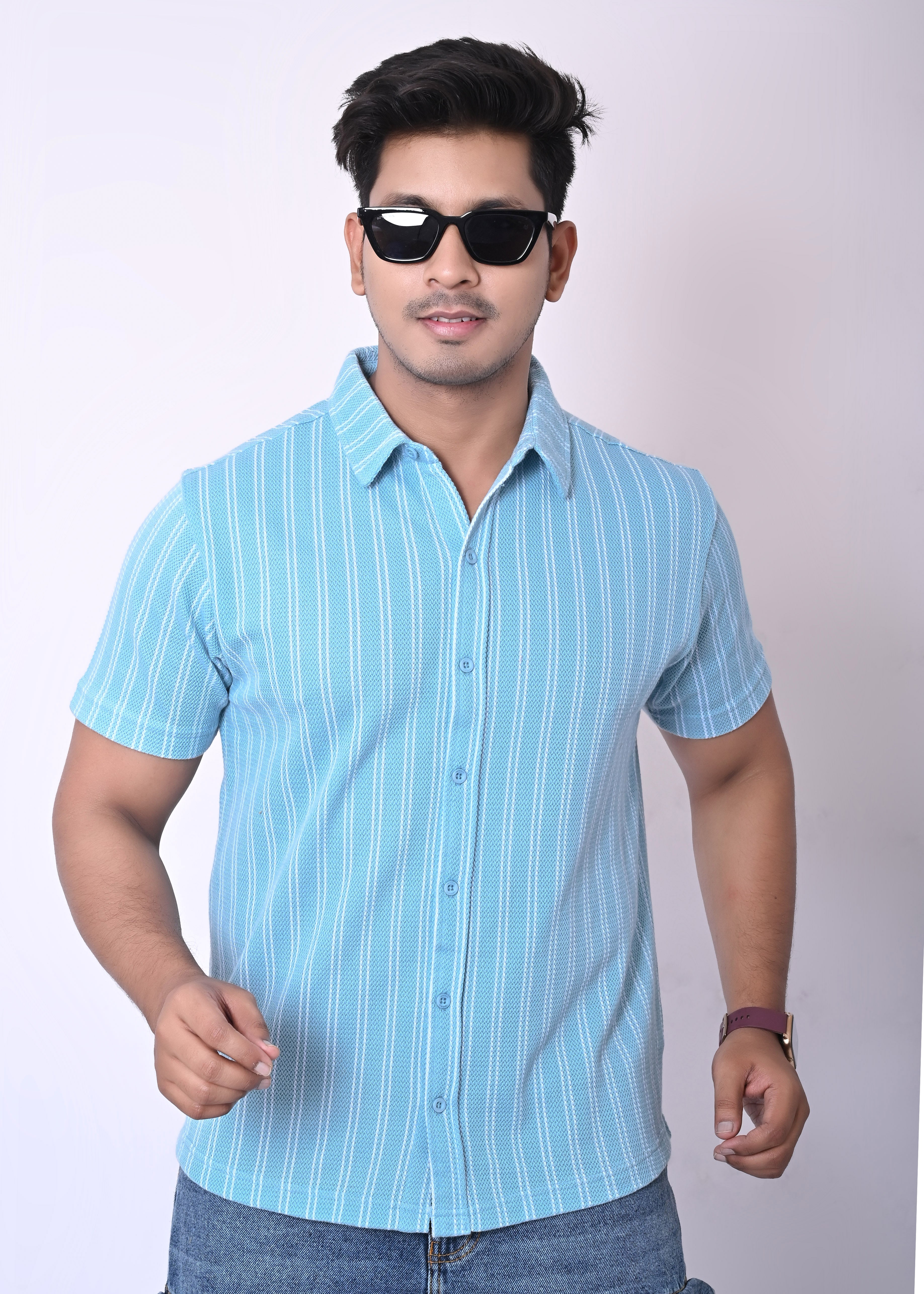 IMPERIO Men Slim Fit Knitted Casual Shirt| Striped Spread Collar With Half Sleeves SC5008