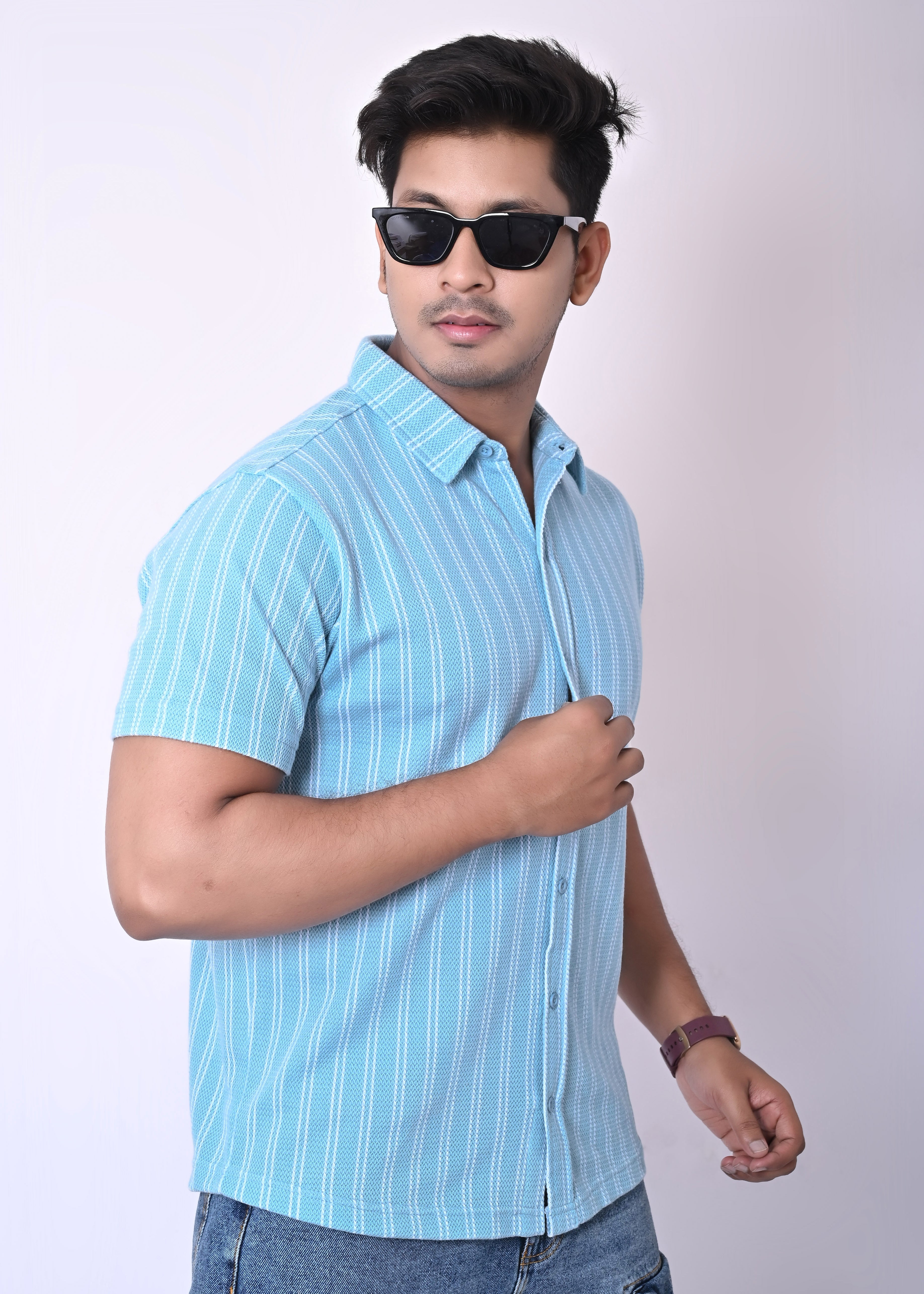 IMPERIO Men Slim Fit Knitted Casual Shirt| Striped Spread Collar With Half Sleeves SC5008