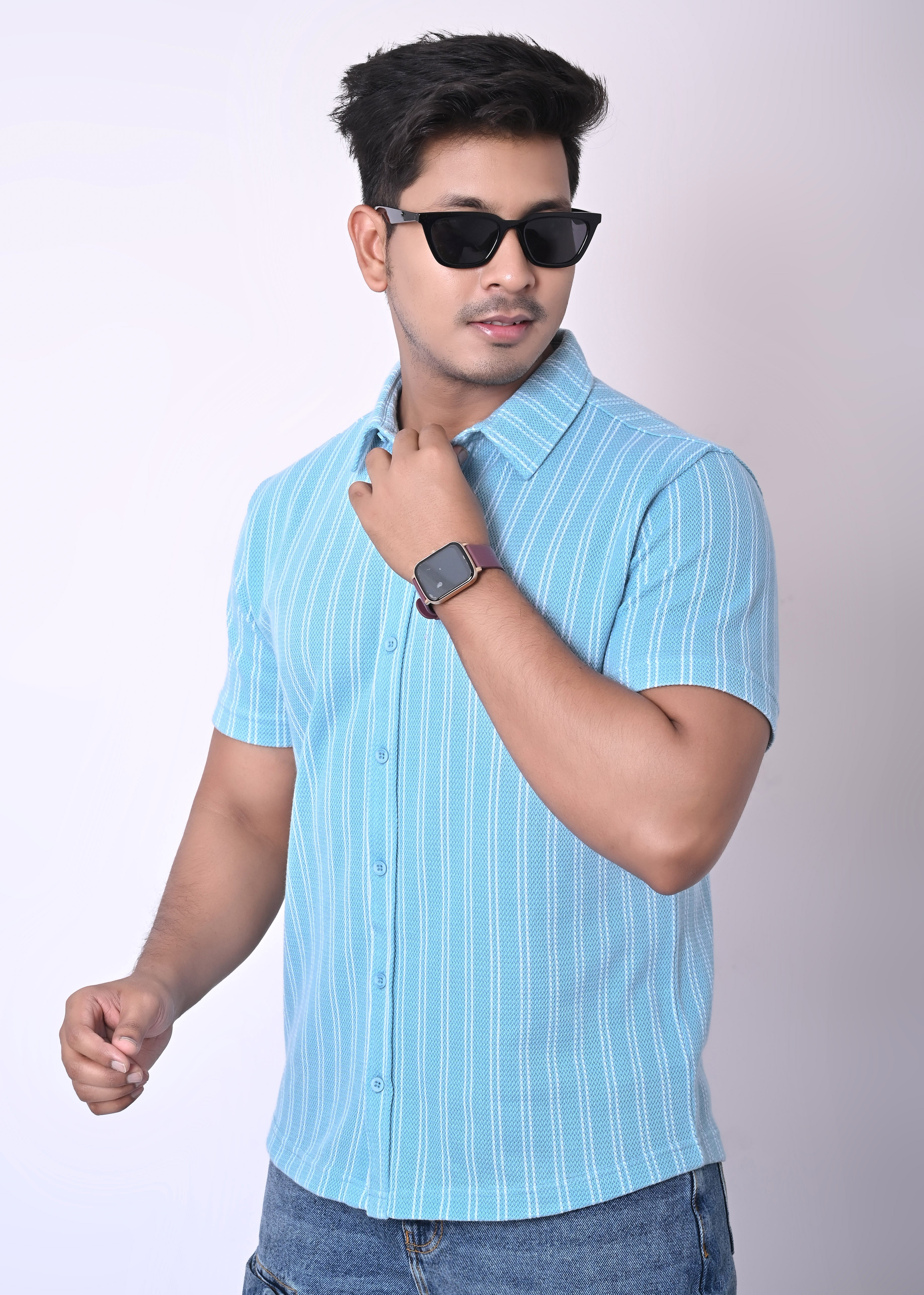 IMPERIO Men Slim Fit Knitted Casual Shirt| Striped Spread Collar With Half Sleeves SC5008