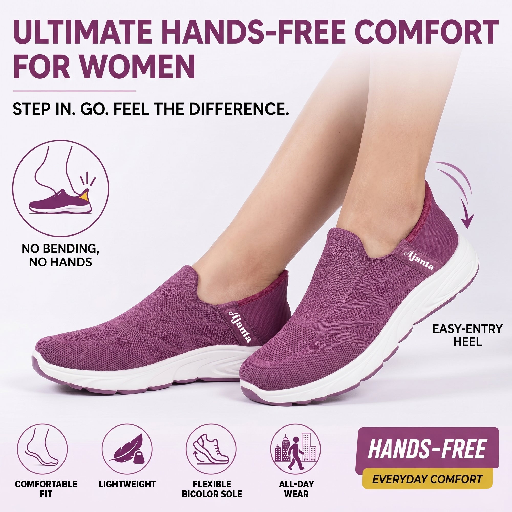 AJANTA Hands-Free Slip On Shoes for Women | Walking Shoes for Women | Sports Shoes | Lightweight Breathable Running Sneakers | Memory Foam Cushion | Gym, Office, Travel, Casual Shoes Black