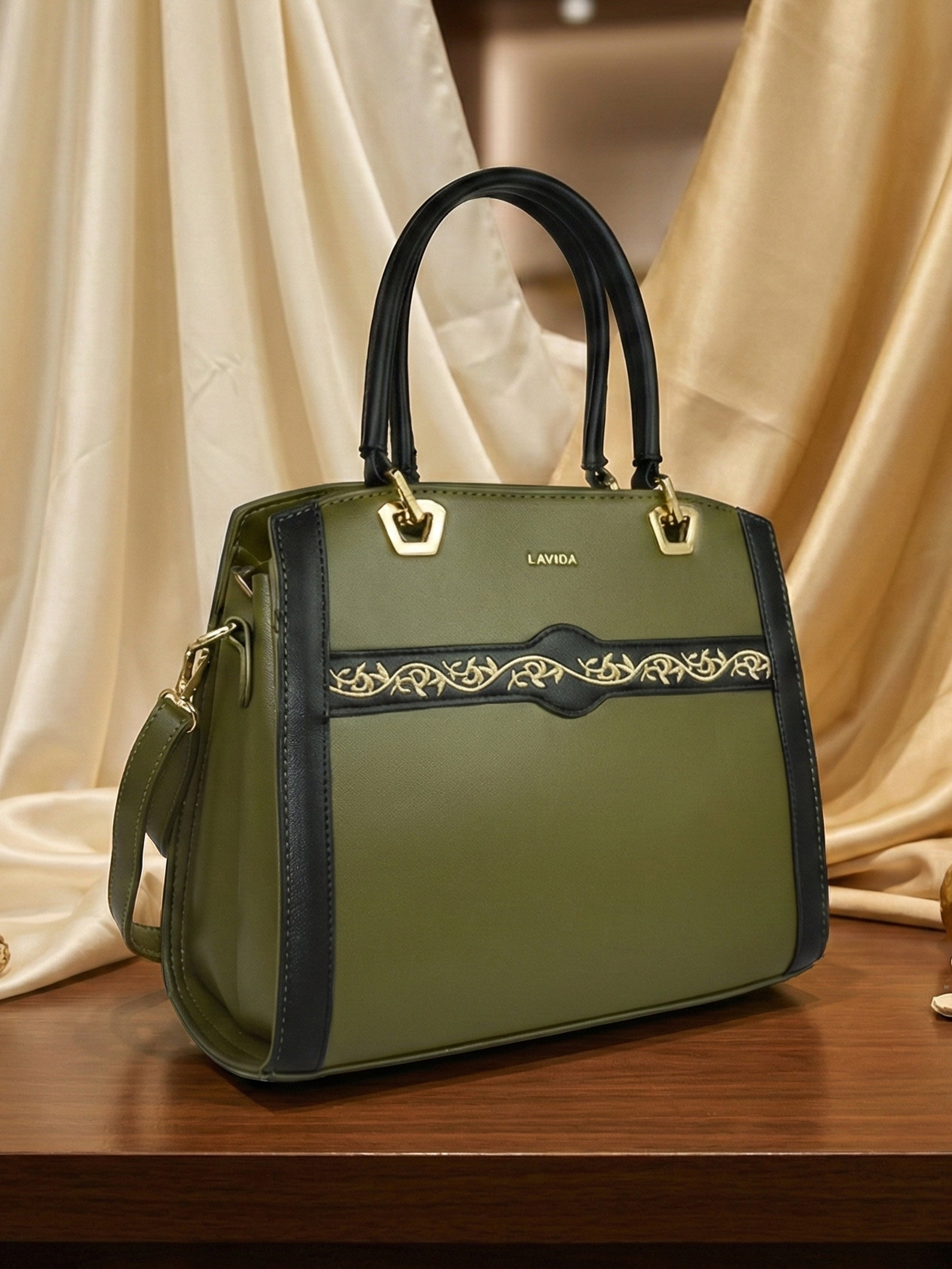 Ajanta Ladies Olive Handbag with Detachable Sling Strap and Top Handle