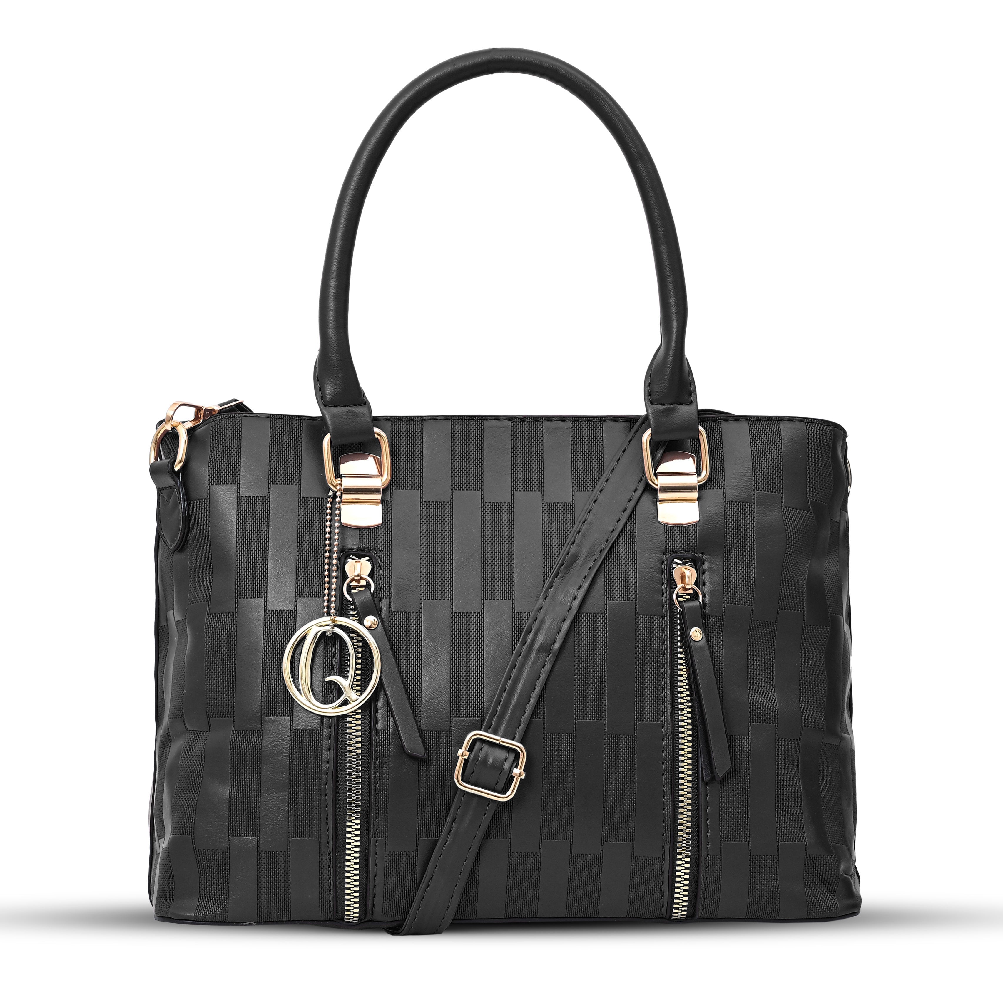 QIARRA Black Luxe Artificial Leather Premium Textured Shoulder Bag / Handbag with Detachable Slings VB8070