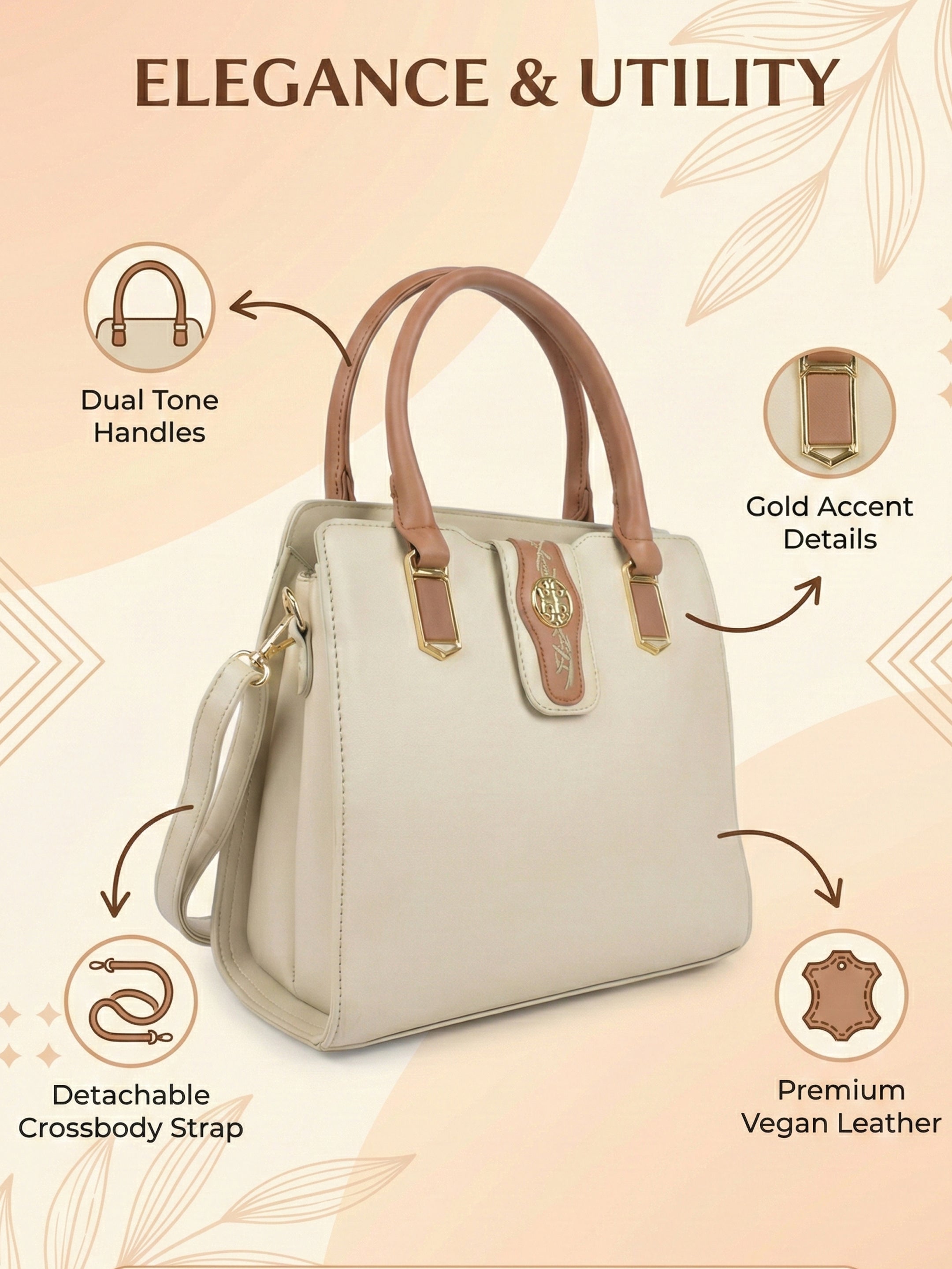 Ajanta Women’s Stylish Satchel Cream Handbag with Detachable Sling Strap