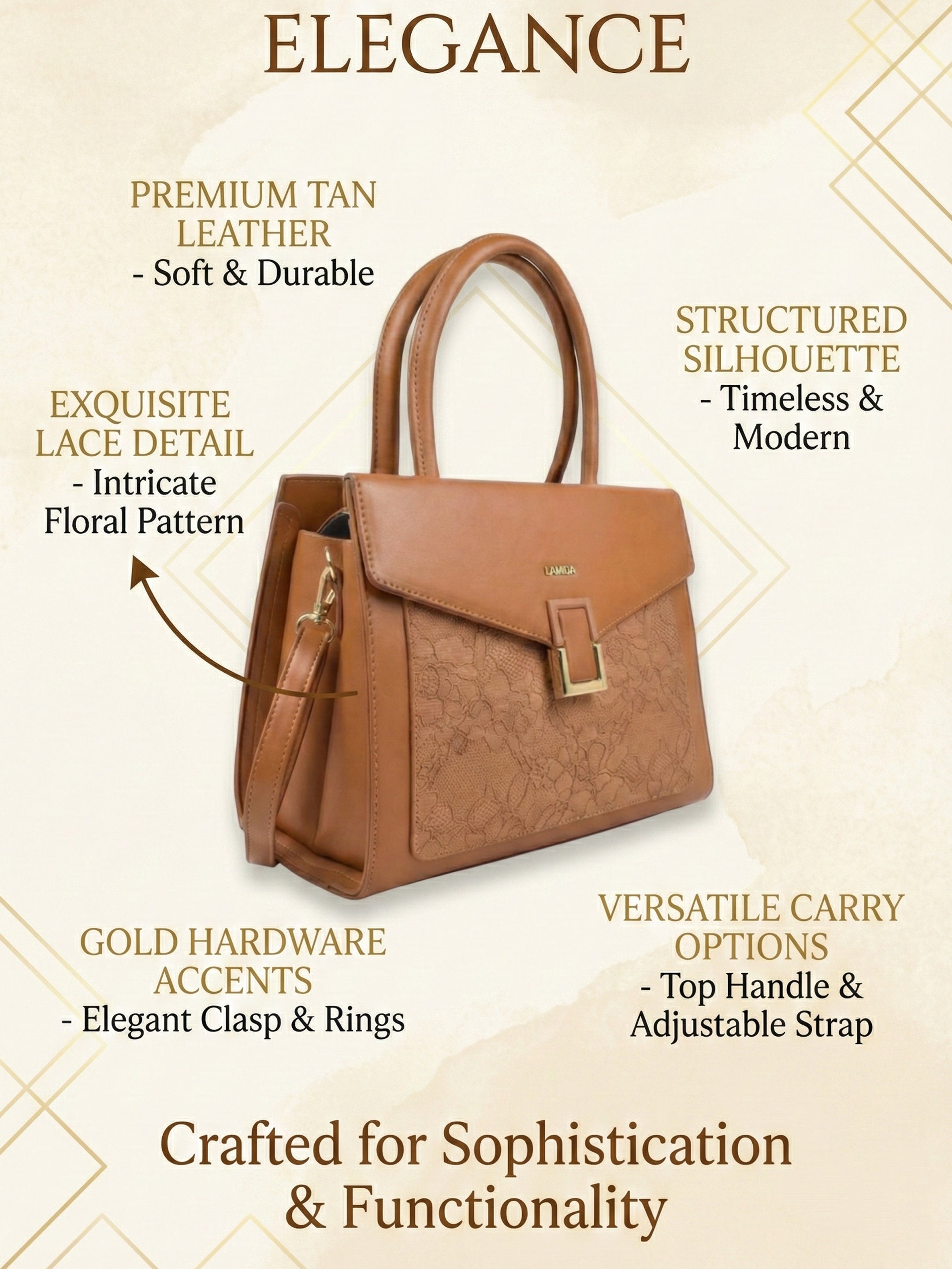 Ajanta Women’s Stylish Tan Designer Satchel Handbag with Detachable Sling Strap