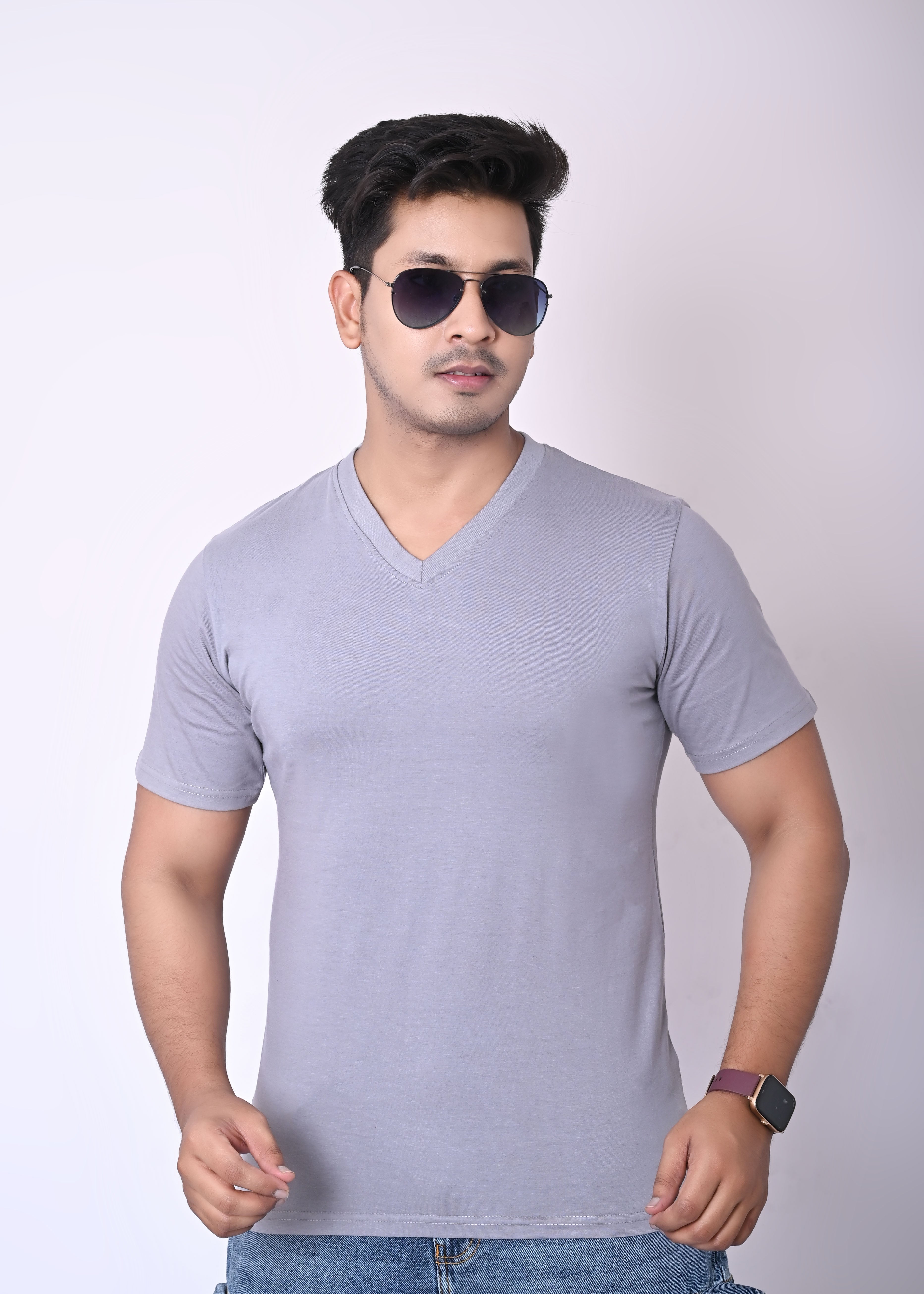 IMPERIO Men Grey Solid V-Neck T-Shirt | Pure Cotton, Casual Fit VN5015