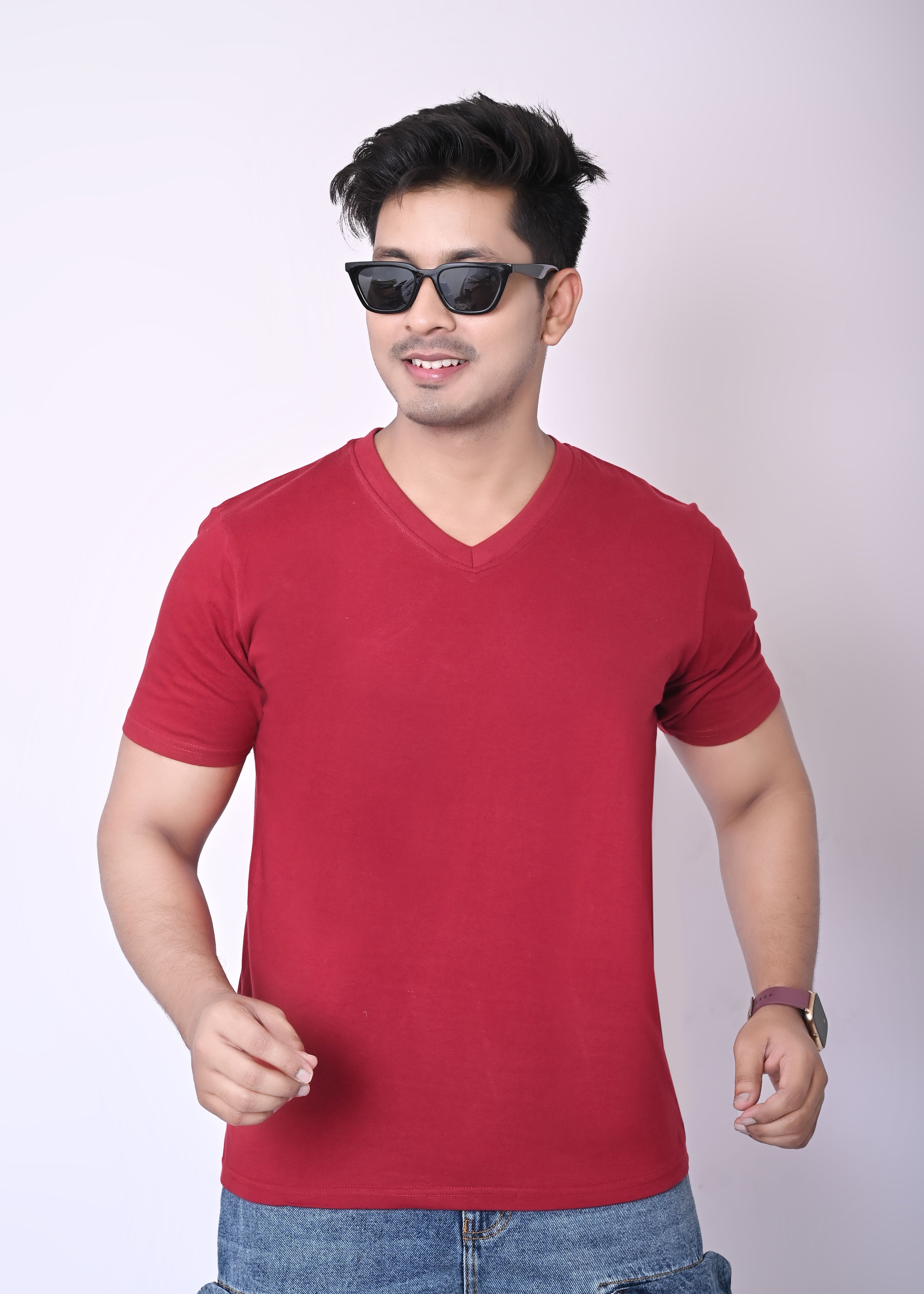 IMPERIO Men Maroon Solid V-Neck T-Shirt | Pure Cotton, Casual Fit VN5016