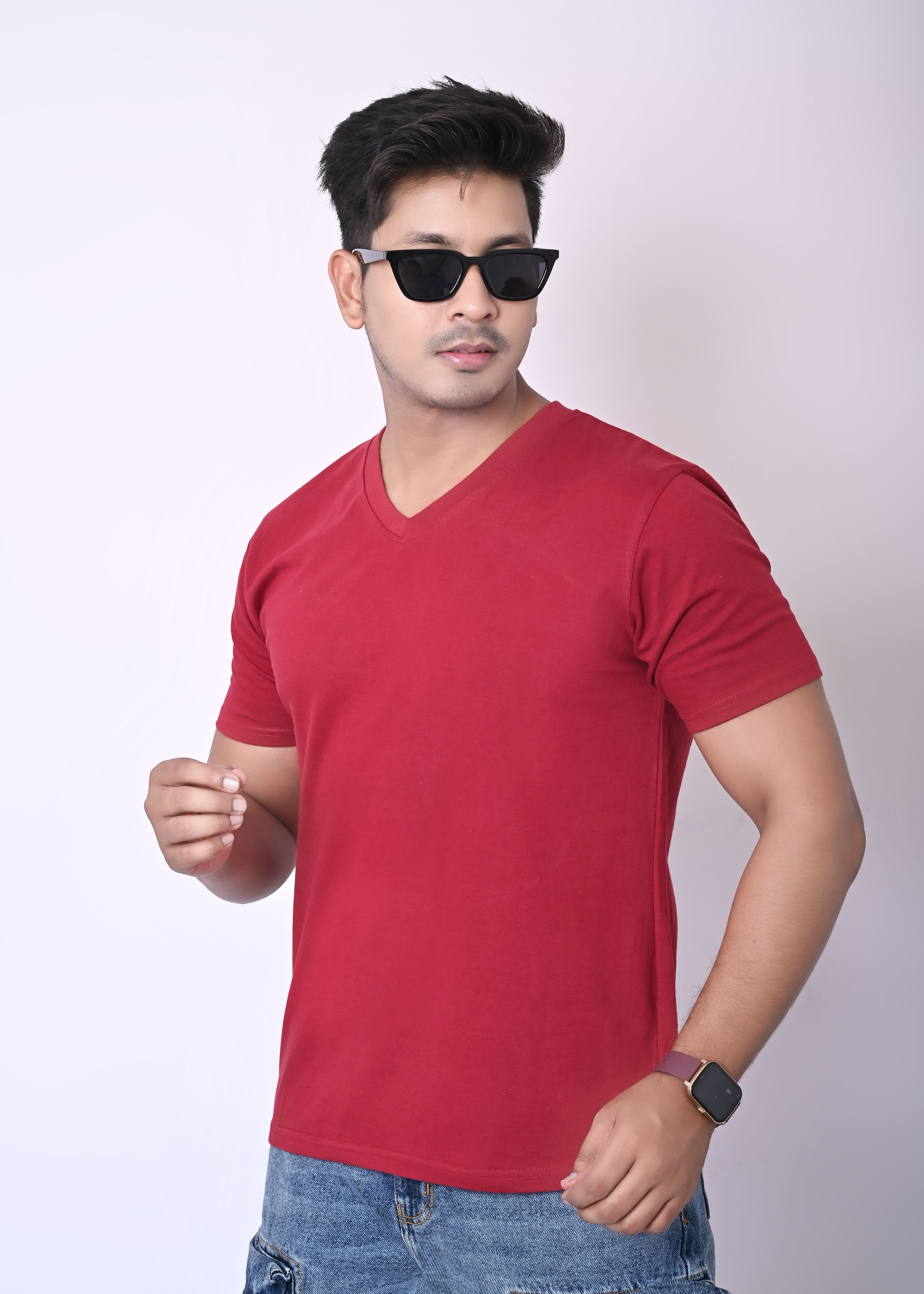 IMPERIO Men Maroon Solid V-Neck T-Shirt | Pure Cotton, Casual Fit VN5016